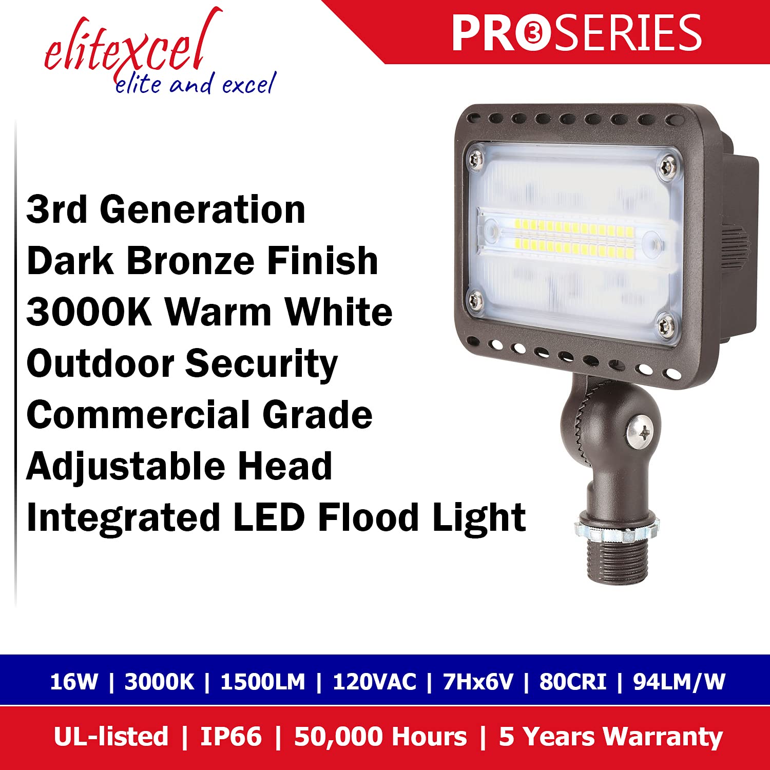 Elitexcel Outdoor Led Landscape Lights, 3Rd Gen 16W Ul Listed Landscaping Lights, 1500 Lumen Waterproof Walkway Security Lights, 3000K Warm White, 1/2" Knuckle Mount, 120V And 5 Year Warranty