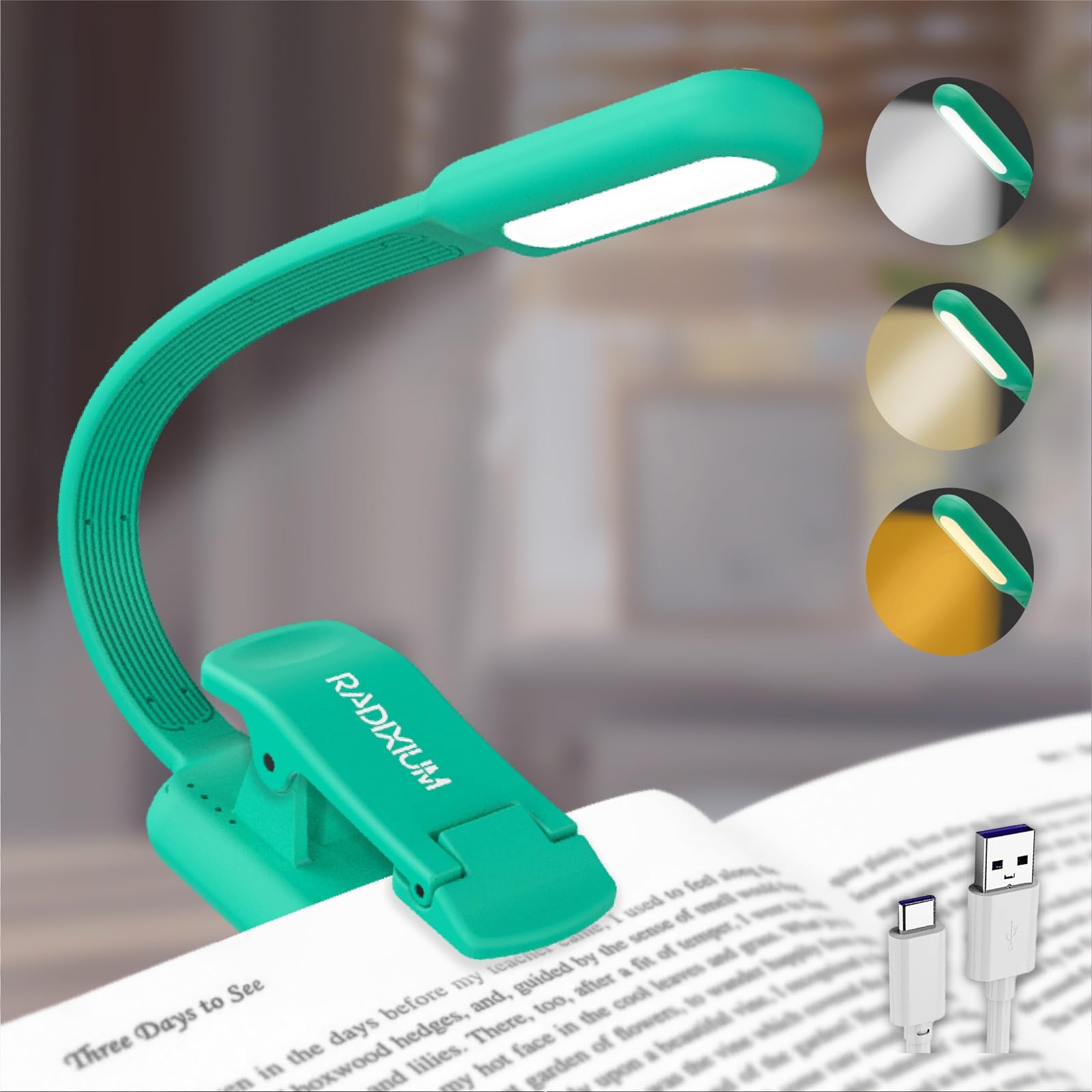 Radixium Rechargeable Book Reading Light at night in Bed, Eye Caring 9 LED with 9 Color Temperatures, Stepless Dimming Brightnes