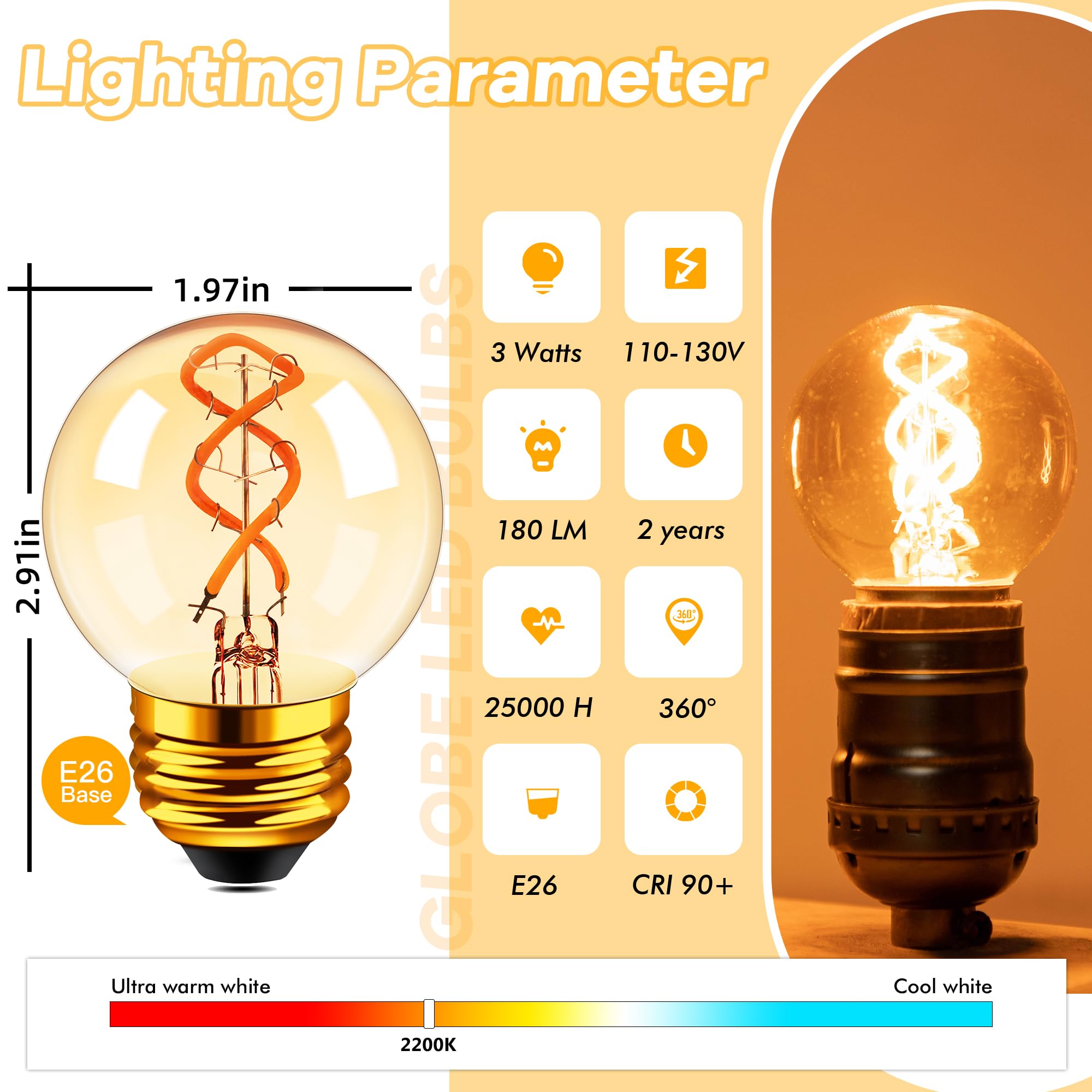 Grensk E26 Amber LED Light Bulbs, 25W Vintage Spiral Filament, G50, 2pcs, 2200K Ultra Warm Light, Glass, Decorative Lighting