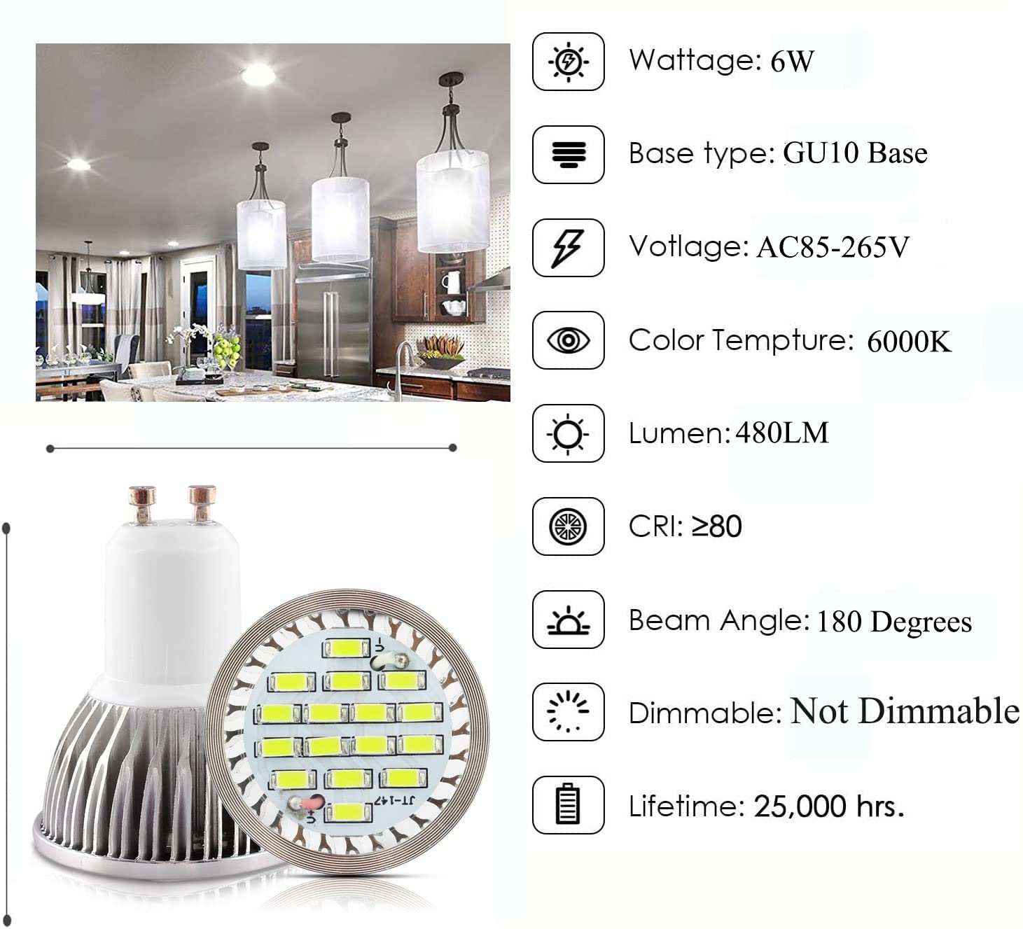 Edearkar Mr16 Led Light Bulbs (6 Pack) 6W Non-Dimmable Mr16 Gu10 Base Bulbs 50 Watt Equivalent Mr16 Full Glass Cover 6000K Dayli