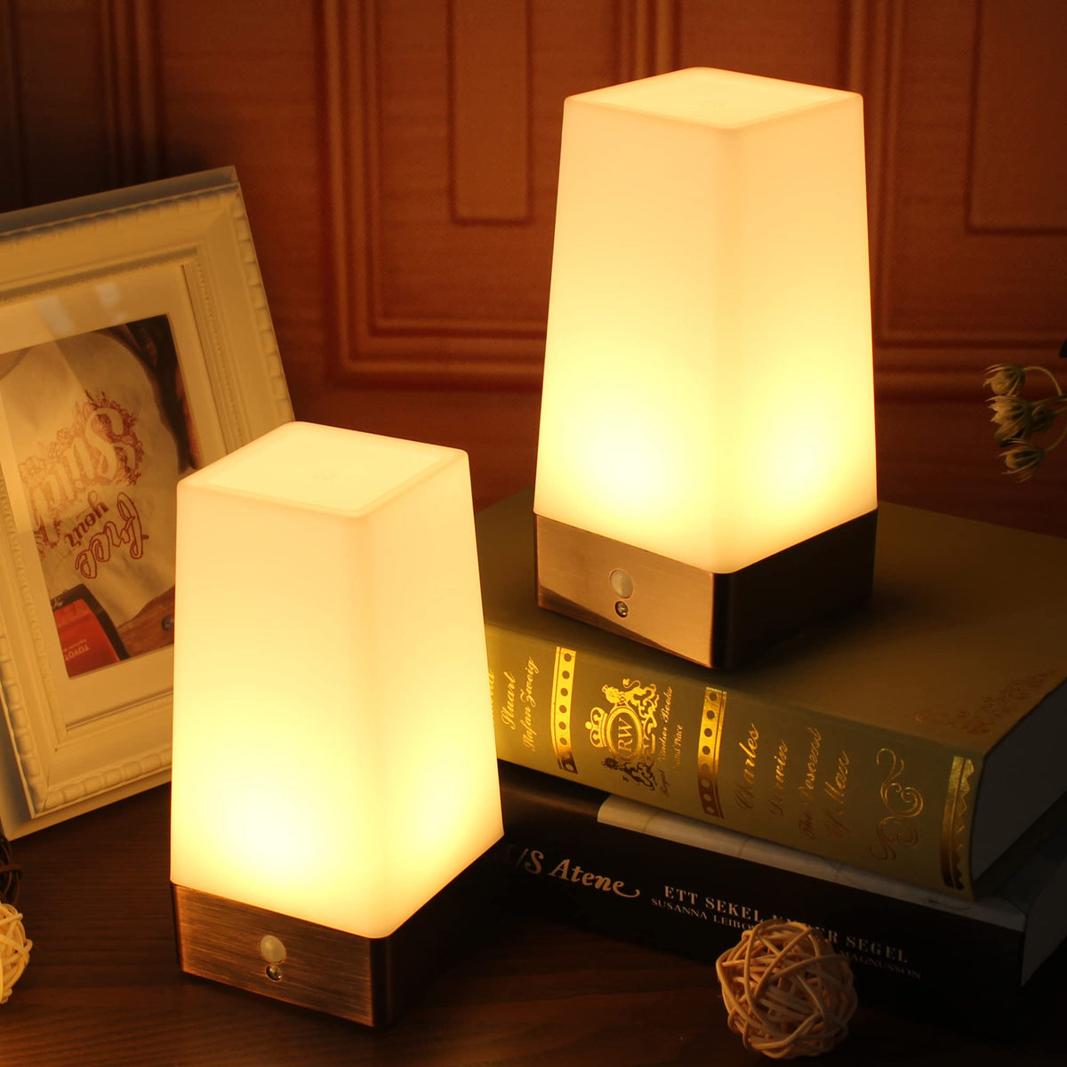 Yucanucax 2Pack Square Retro Led Night Light,Bedside Lamp With Wireless Pir Led Motion Sensor Night Light, Battery Powered Light