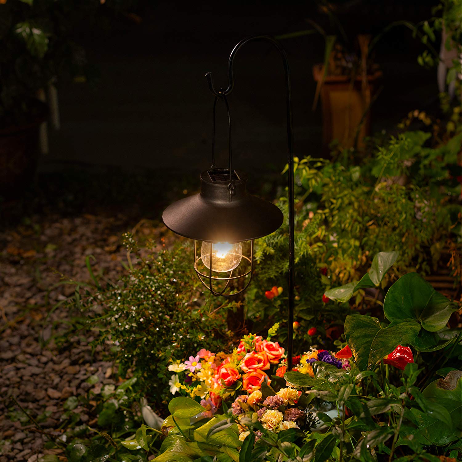 EKQ 2 Pack Hanging Solar Lanterns with Shepherd Hook, Waterproof Edison Bulb Lights, Black