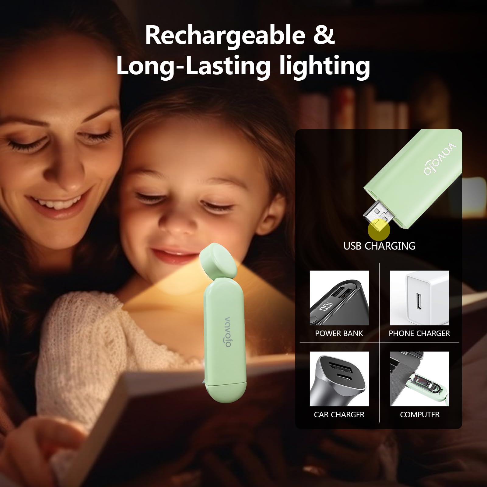 VAVOFO USB Rechargeable Book Light, Amber Clip-On, Eye Care, 6 LEDs, Green, Model KM-6776, 9 Lighting Modes for Reading in Bed