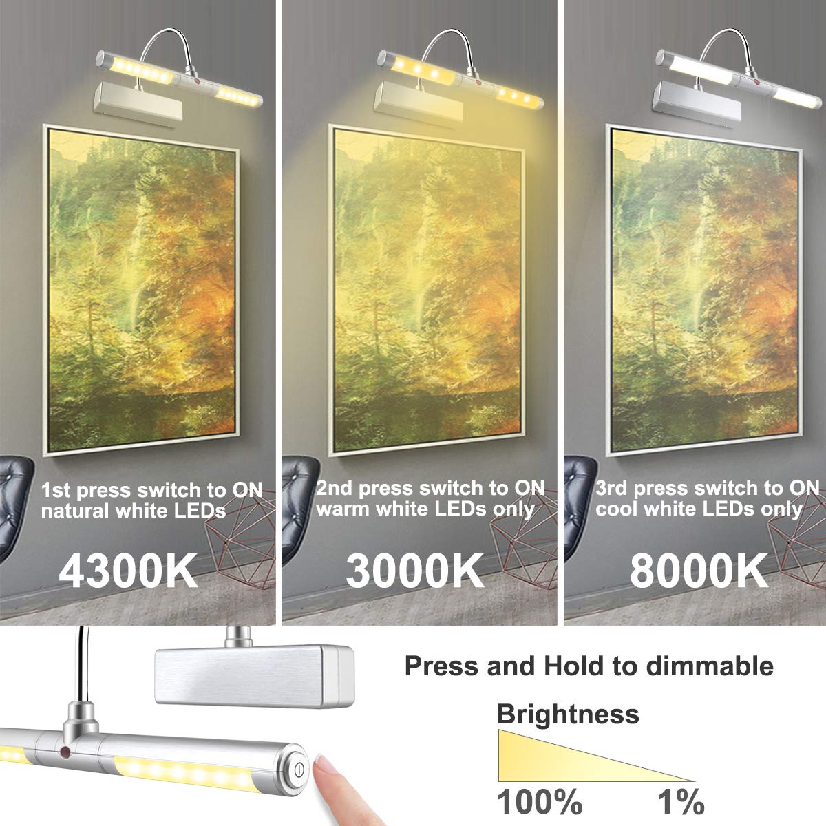 LUXSWAY Battery Powered Picture Light, Wireless Art Display Light, 3 Brightness Modes, 8.9 Inch, Silver, Model DY602YW-Silver