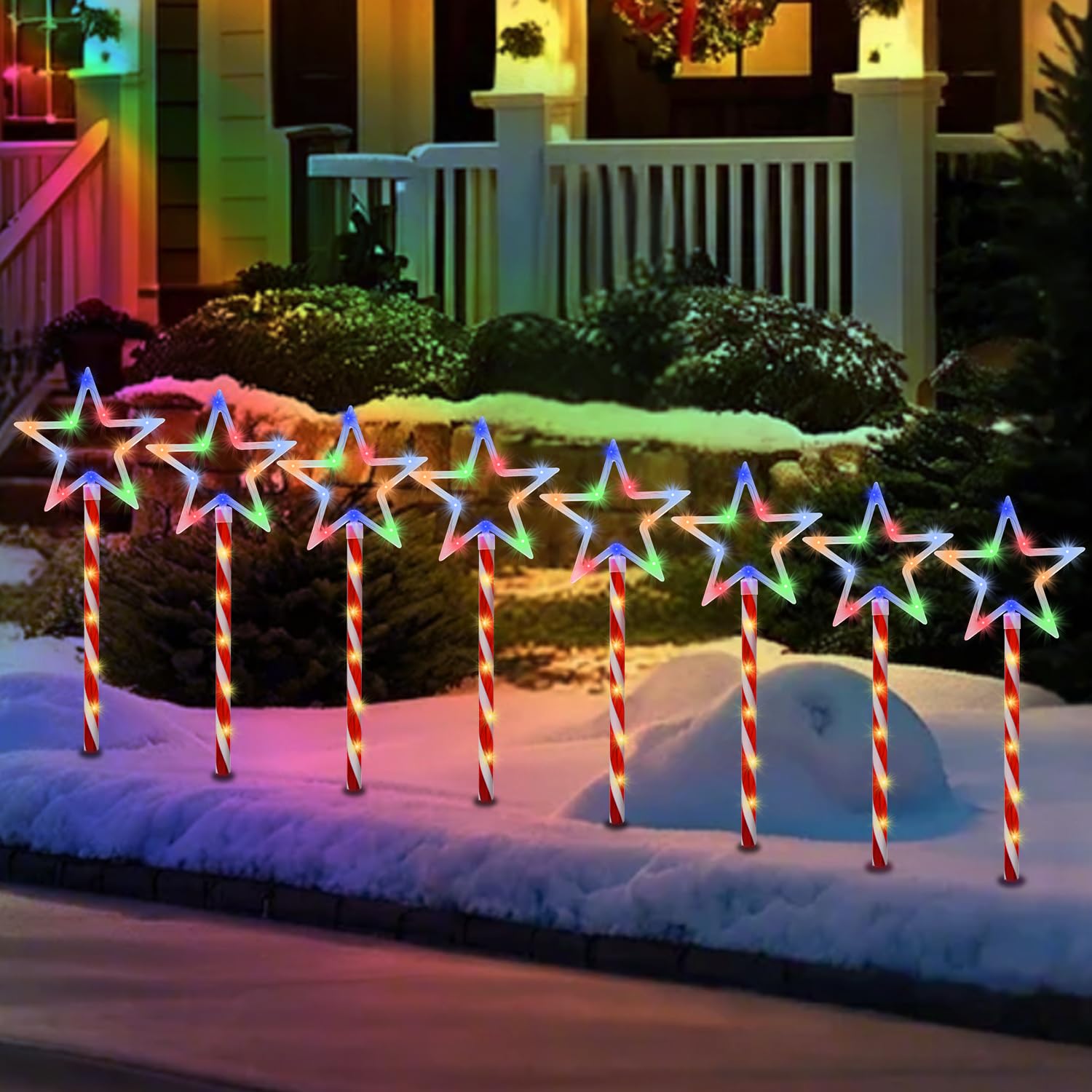 Christmas Decorations Multi-Color Star Lights Solar Garden Lights, Outdoor Waterproof Landscape Path Lights With Red Stake, 8 Pa