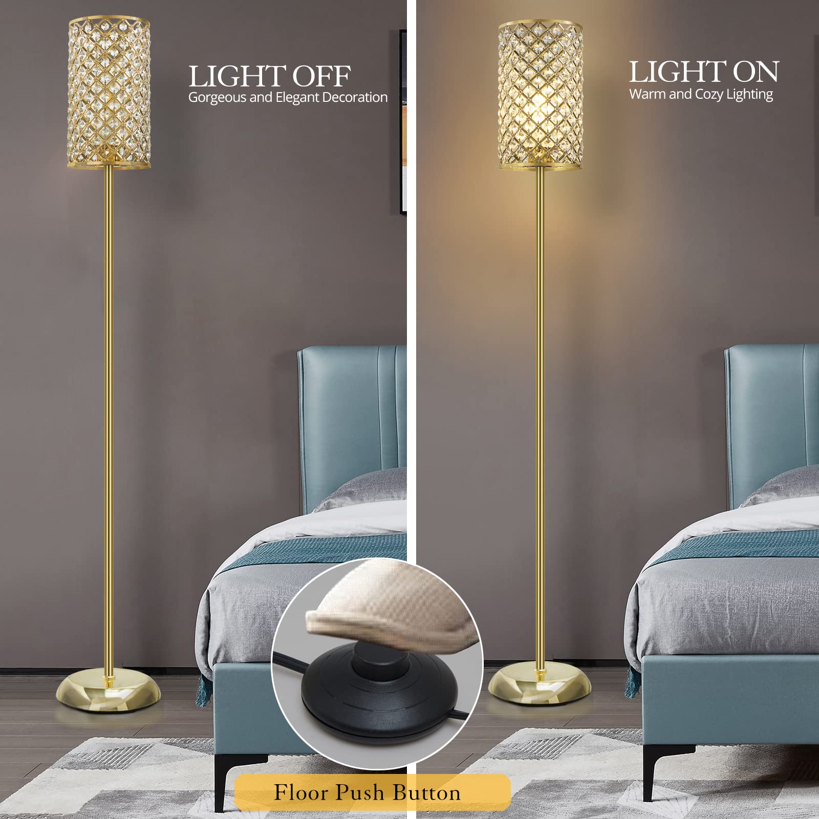 GyroVu Gold Floor Lamp, Elegant Crystal, 9x9x66.5in, Model R-1FL-65008, Modern Standing Lamp for Living Room, Bedroom, Office