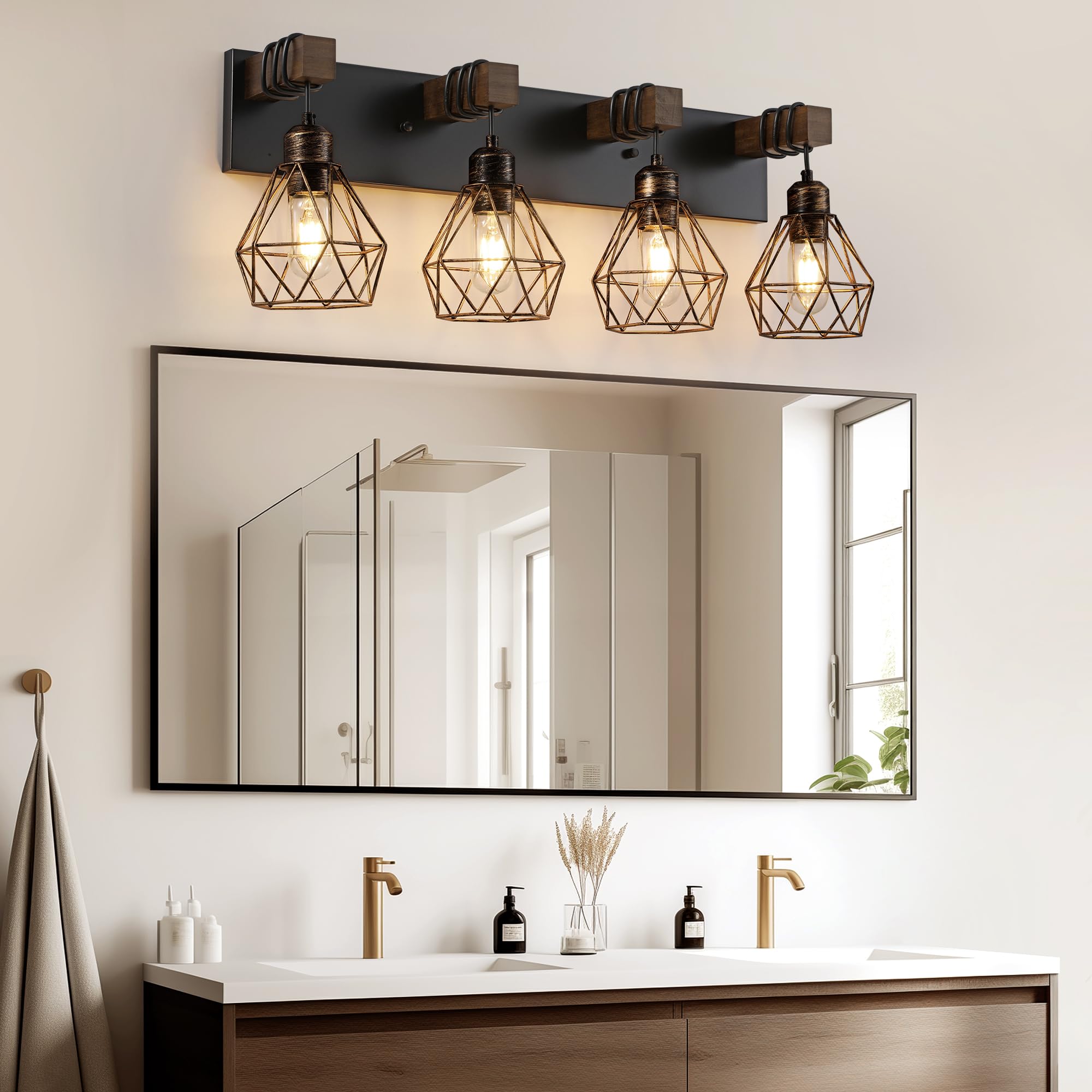 Farmhouse Bathroom Light Fixtures, 4-Light Bathroom Lighting Fixtures Over Mirror, Rustic Wood Black Gold Vanity Lights Wall Sco