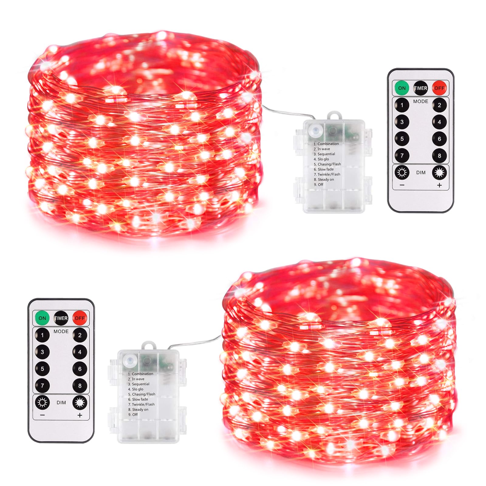 JMEXSUSS 2 Pack Red Fairy Lights Battery Operated, Total 200 LED 66ft Red String Lights Battery Powered with Remote, 8 Modes Hal