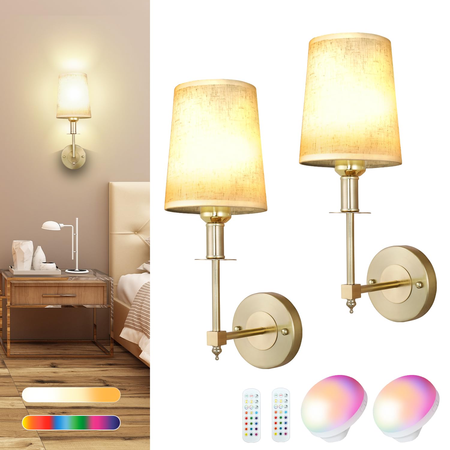 BIMEAN Battery Operated Wall Sconces Set of Two, Gold, Wireless RGB Bulb, Indoor Wall Mounted Lamp, Model L015D