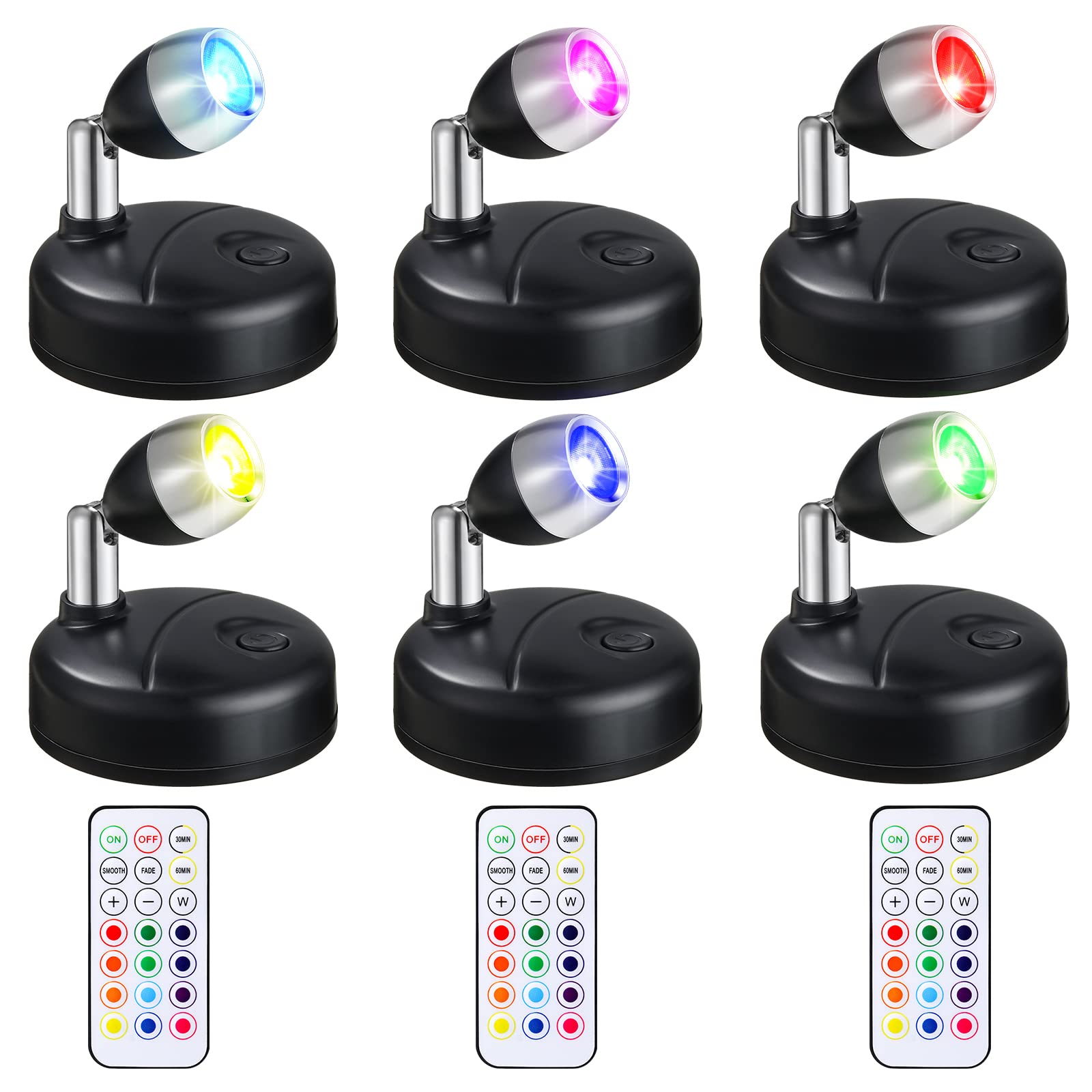 Hortsun 6-Pack Led Battery Operated Spotlights, 13 Color Rotatable Wireless Indoor Lighting, Black