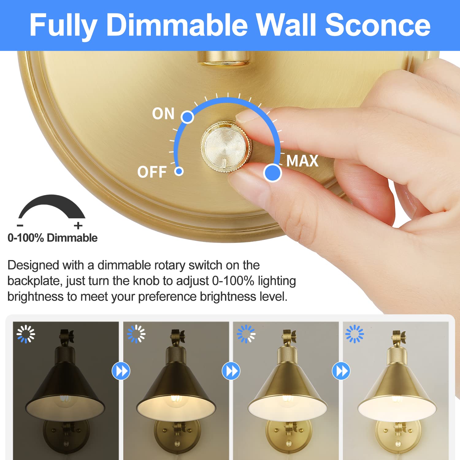 Trlife Wall Sconce Plug In, Dimmable Wall Sconces Set Of 2 Wall Lights With Plug In Cord And Dimmer On/Off Knob Switch, Brushed