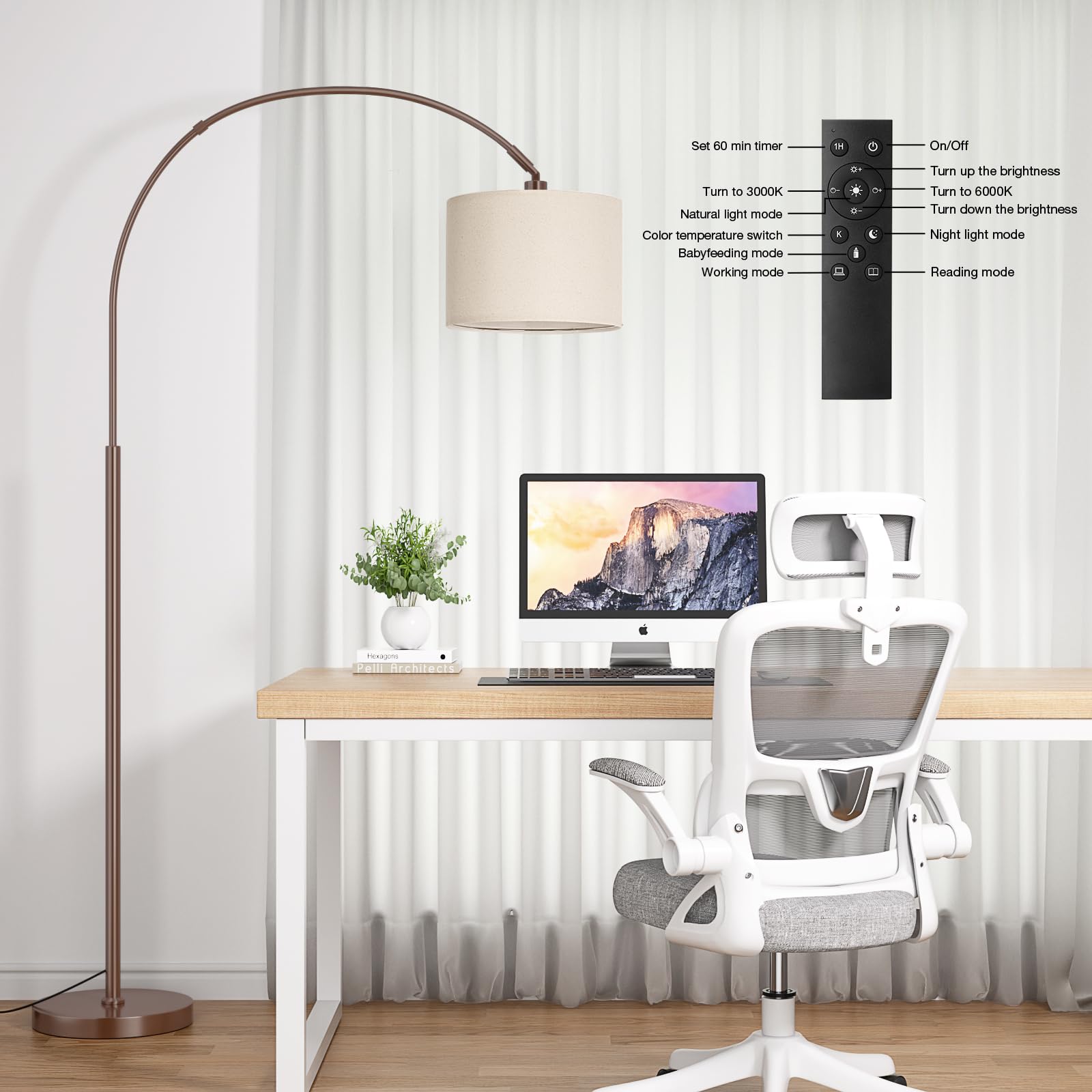 Ambimall Dimmable Arc Floor Lamp with Remote, Metal, 70.66in H x 27.95in W x 11in D, Deep Beige and Brown