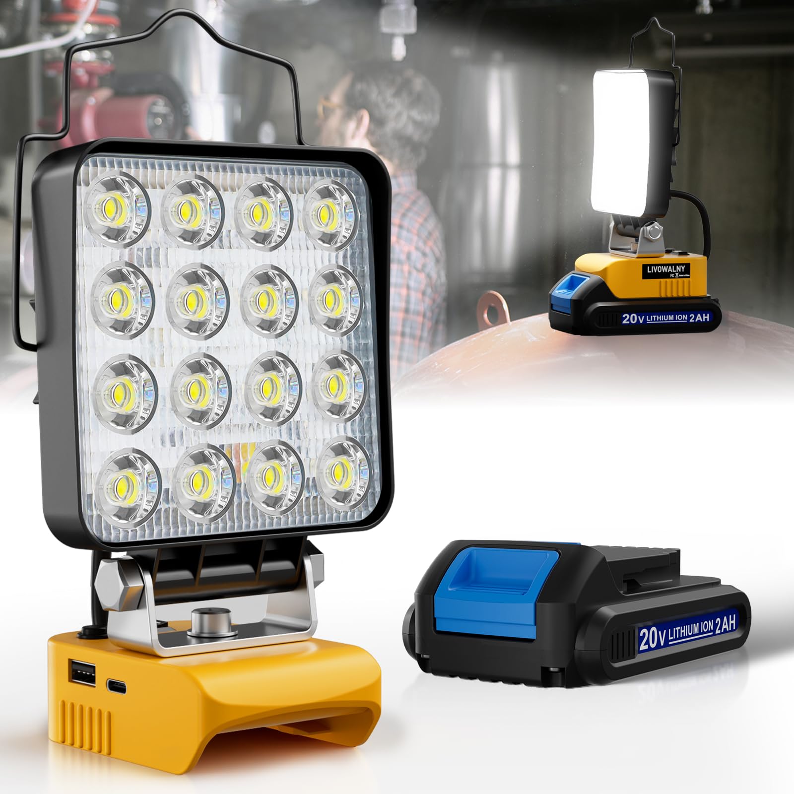 LIVOWALNY 20V Max LED Work Light for Dewalt Battery, 60W 6000LM Flood Lights, Cordless Flashlight Shop Light Worklight with USB 