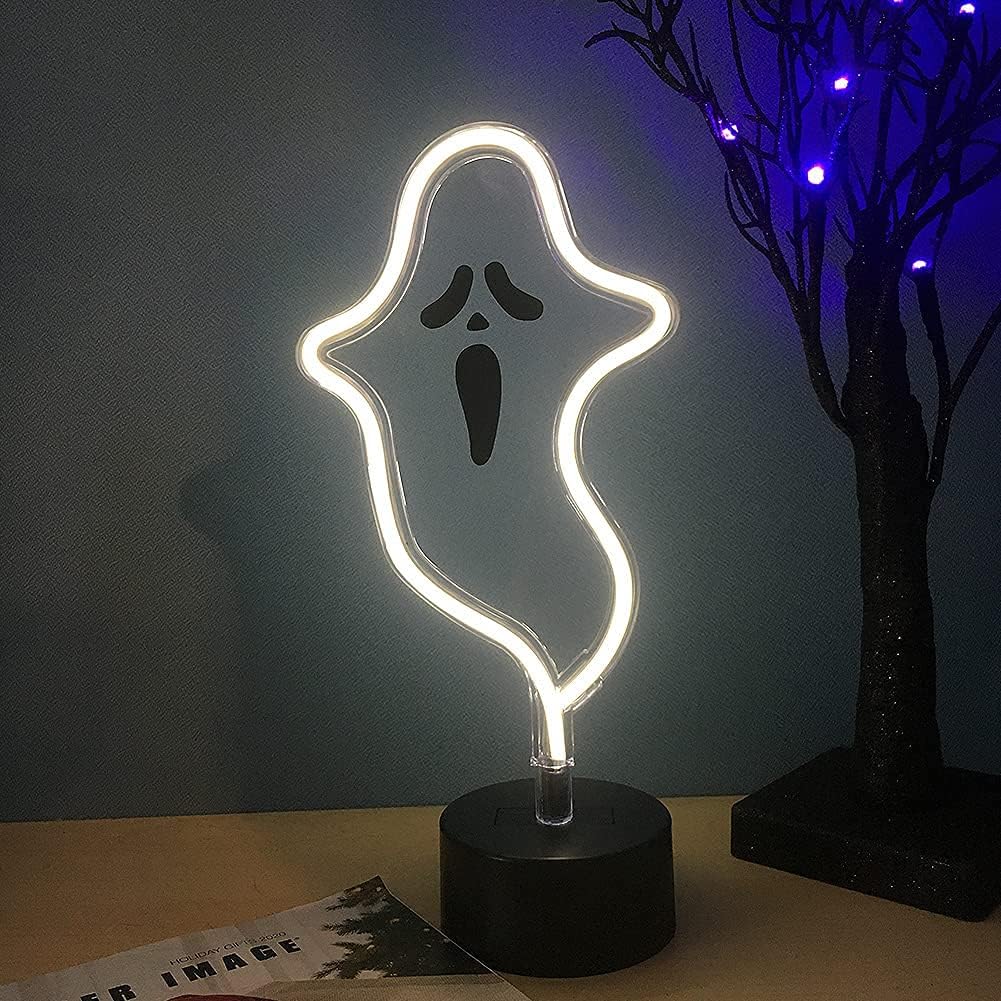 Halloween D  cor Cute Ghost Neon Sign, Spooky White Ghost Table Decor, USB or Battery Powered Halloween Neon Light for Bedoom,Ki