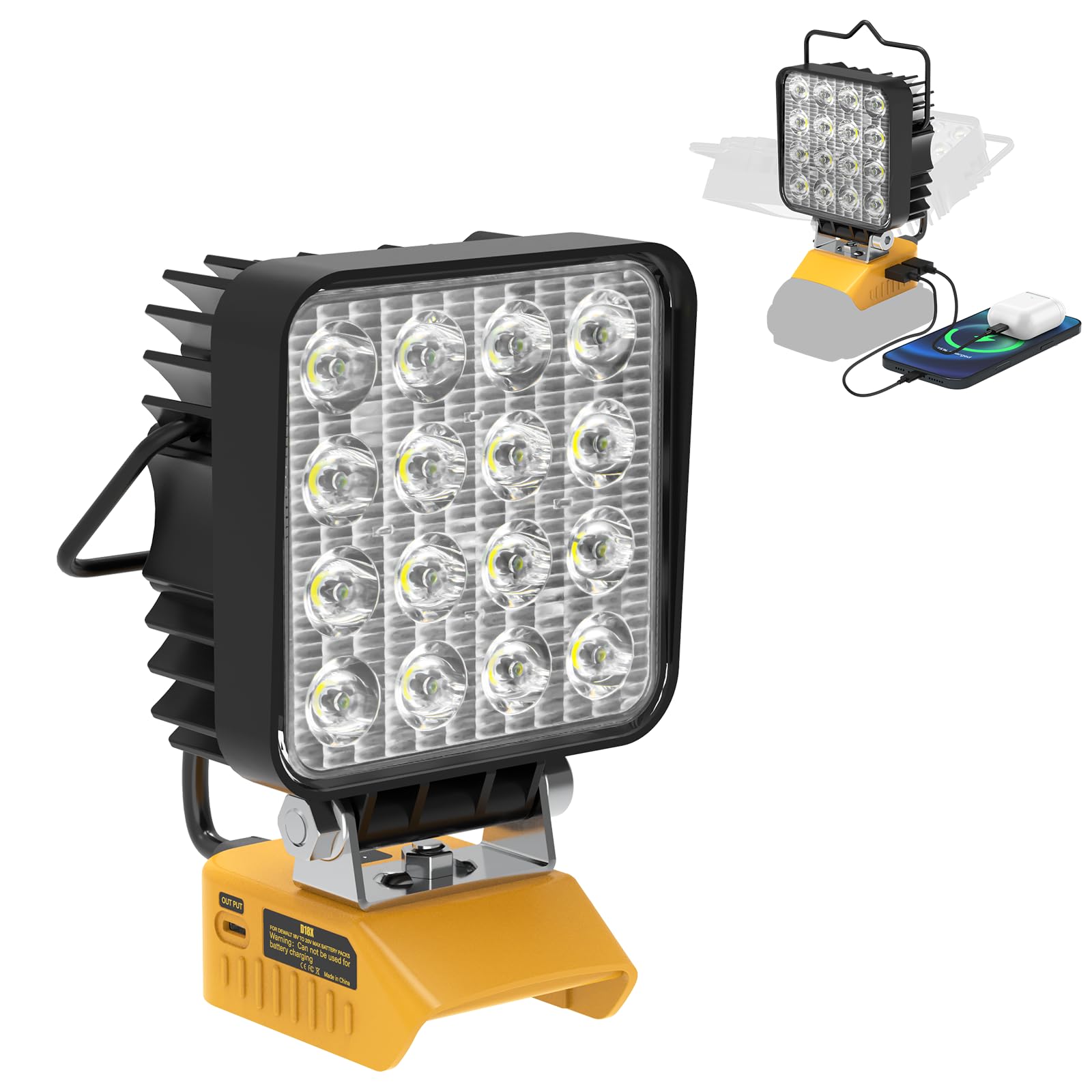 Mightrench LED Work Light 48W 4800LM Compatible with Dewalt 20V Battery, Yellow, Model DLED01, Adjustable 140°