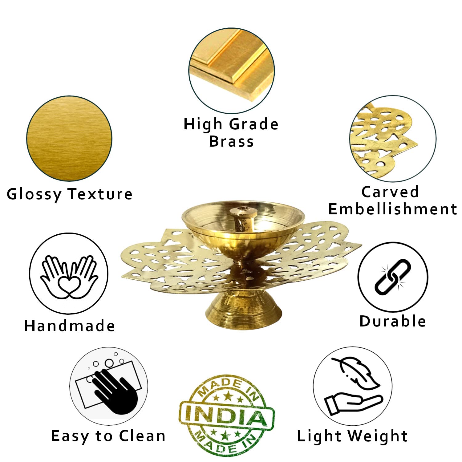 Lamina Decorative Brass Diya for Puja (Set of 1 Small 3inch Golden Round Star) Center Wick Holder Pital Akhand Deep Vilakku for