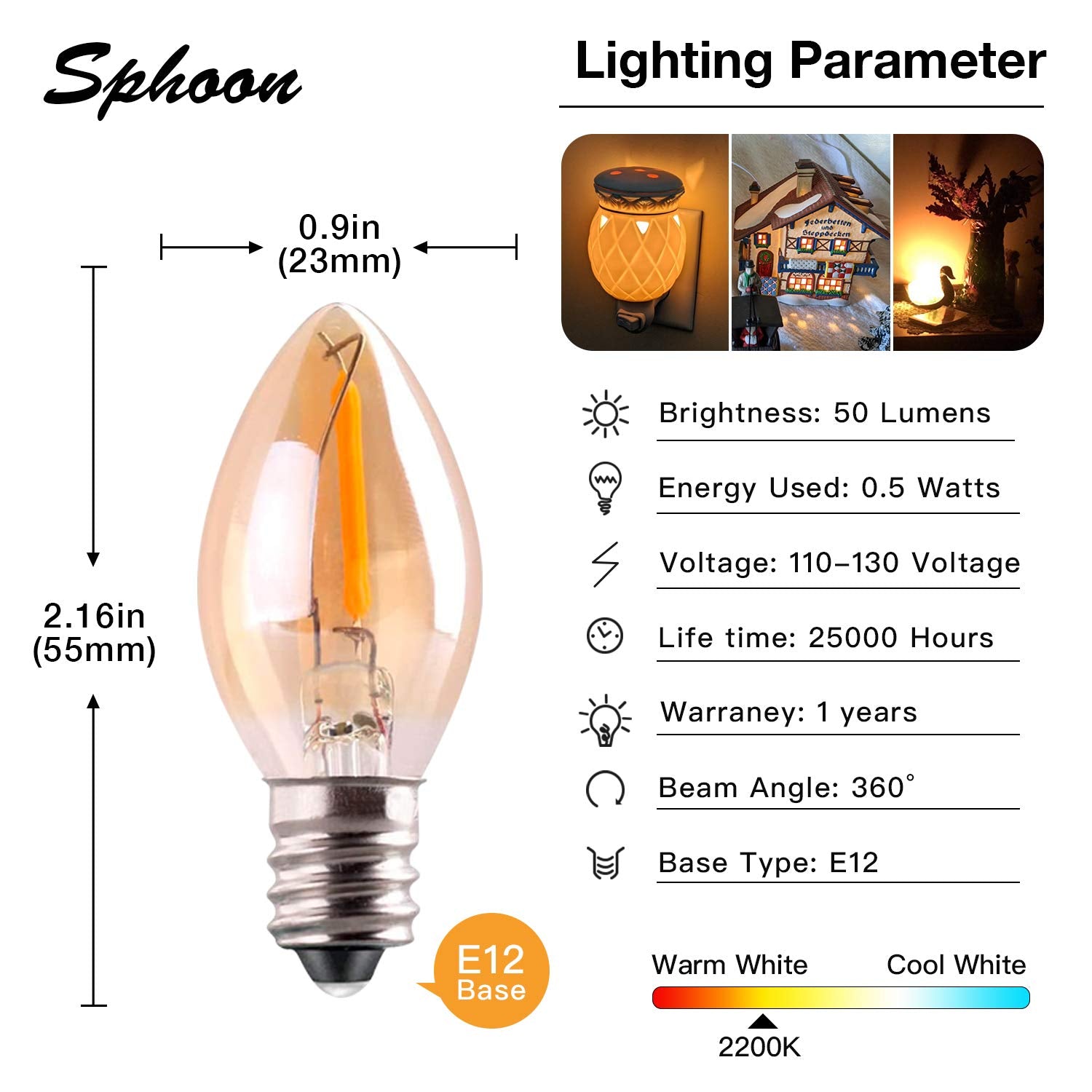 Sphoon C7 LED Bulb Pack of 5, 0.5W Amber Glass Nightlight, 2200K Warm White, E12 Candelabra Base, Decorative Edison Lamp