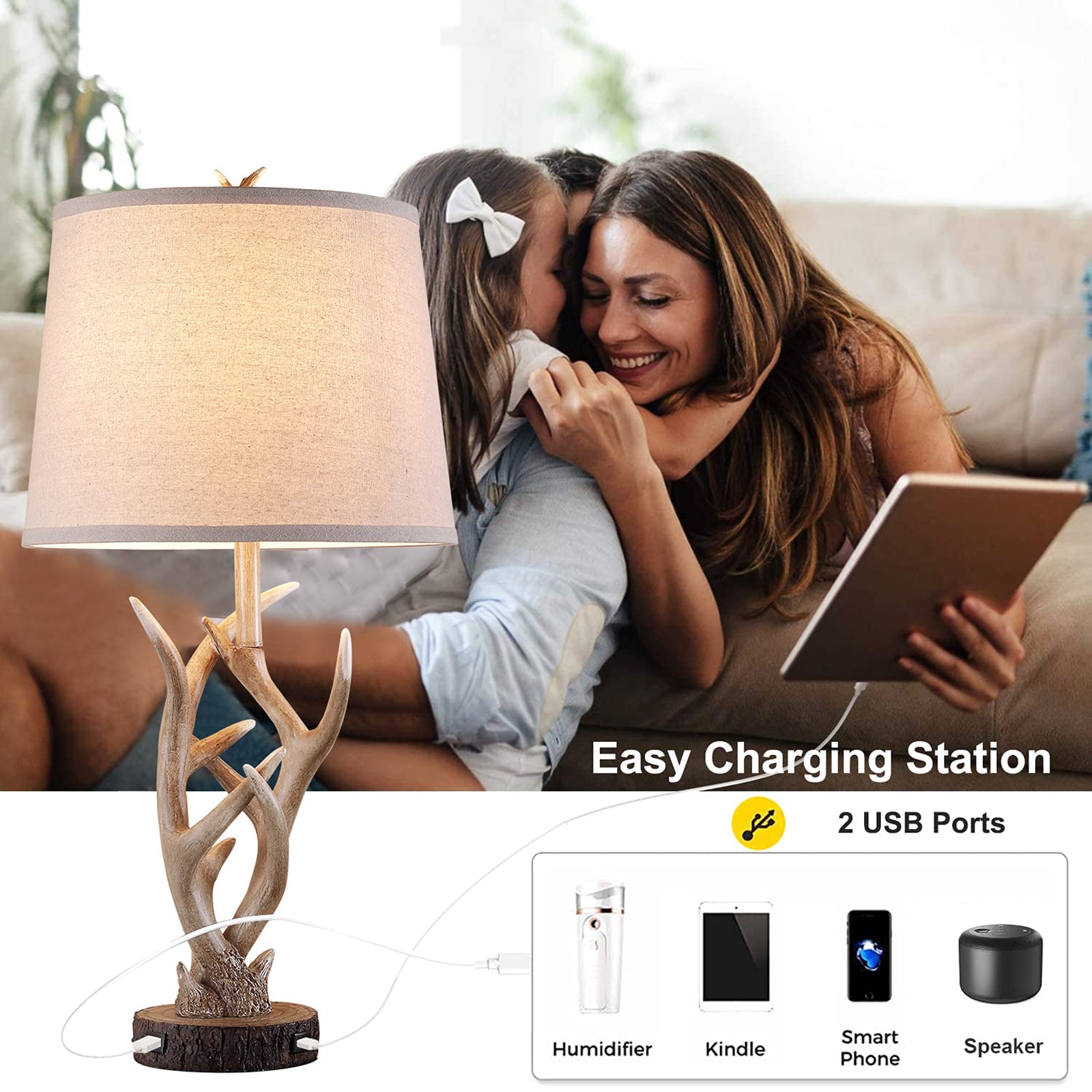 Dungoo Rustic Western Lamp Set of 2 - 26in Antler Design Table Lamp with USB Ports, Brown Resin for Bedroom, Living Room, Office