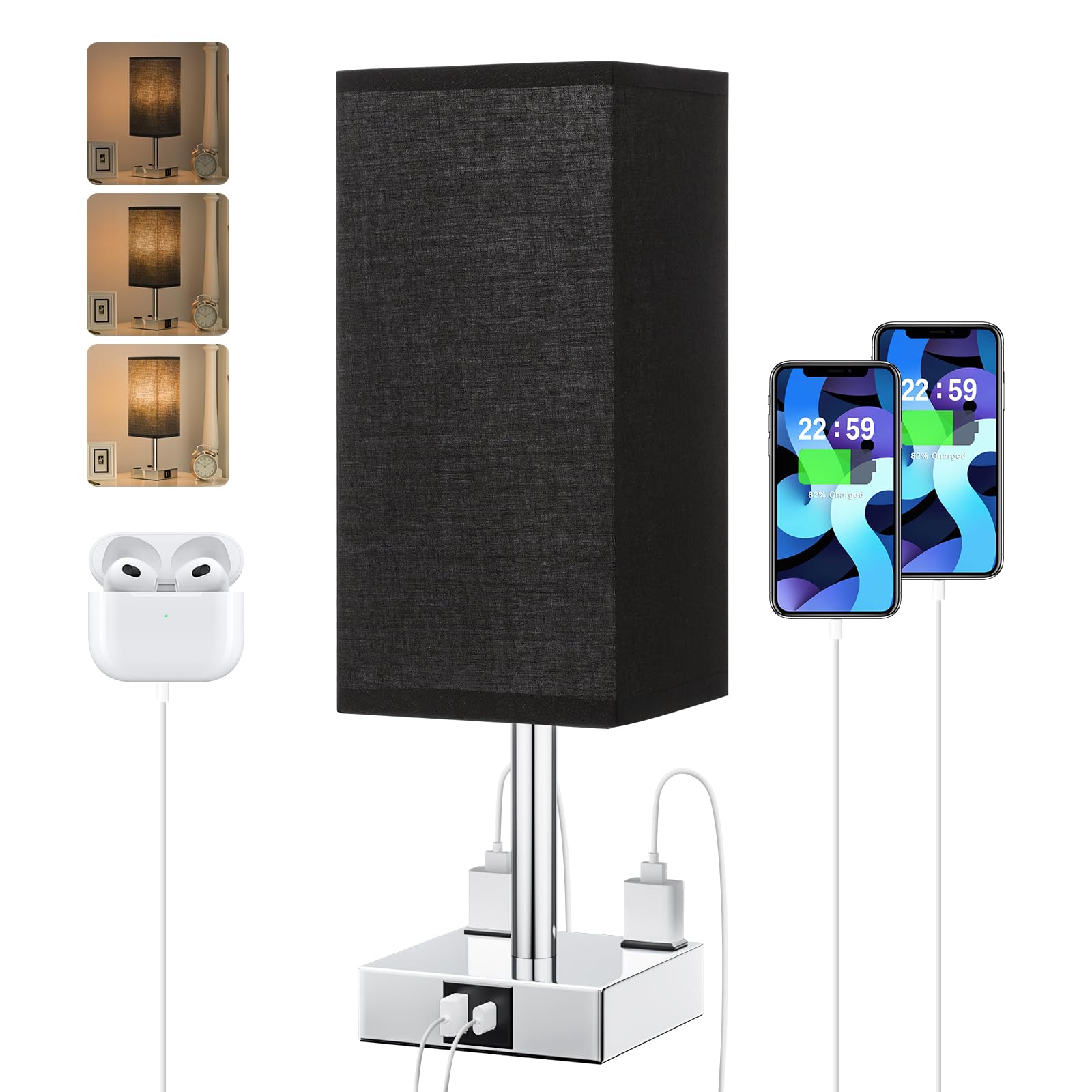 aooshine Touch Bedside Table Lamp - 3-Way Dimmable, USB A & Type C Ports, 14in, Black & Silver, E26 LED Bulb, Model 3
