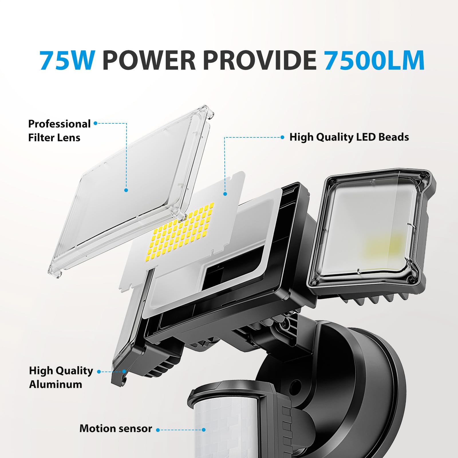 Atfoyer Motion Sensor Outdoor Lights, 75W 3 Head Flood Lights, 6500K IP65 Waterproof, 1 Pack, Black, Model ATM75FWG-3