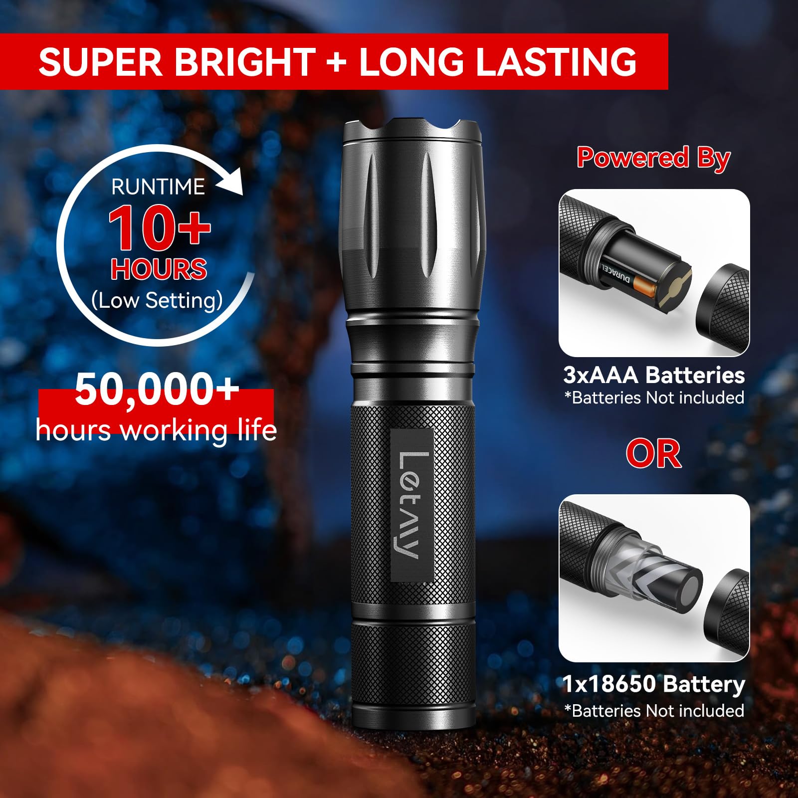LETMY Tactical Flashlight S2000 - 2 Pack, High Lumens, Waterproof, Zoomable, Anodized Aluminum, Black