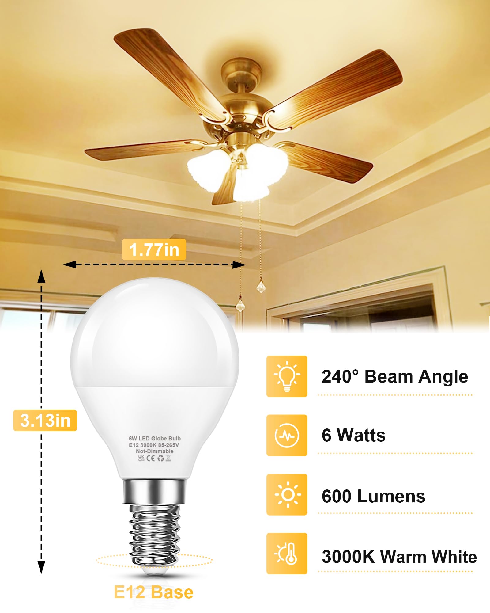Evastary Ceiling Fan Light Bulb E12 Candelabra Base, 3000K Warm White 60 Watt Equivalent, E12 Led Chandelier Light Bulbs, 6W 600