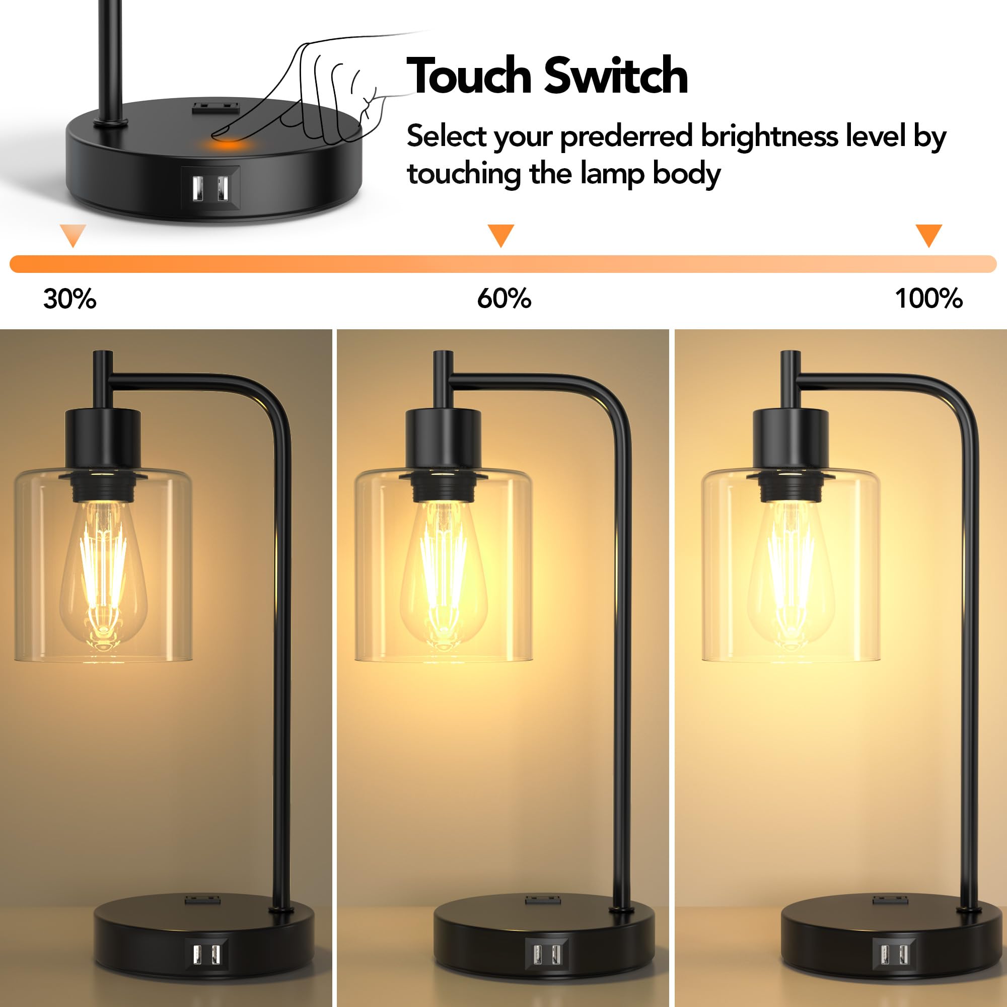QiMH 3-Way Dimmable Touch Control Table Lamp with 2 USB Ports & AC Outlet, Black Glass Desk Lamp for Bedroom & Office