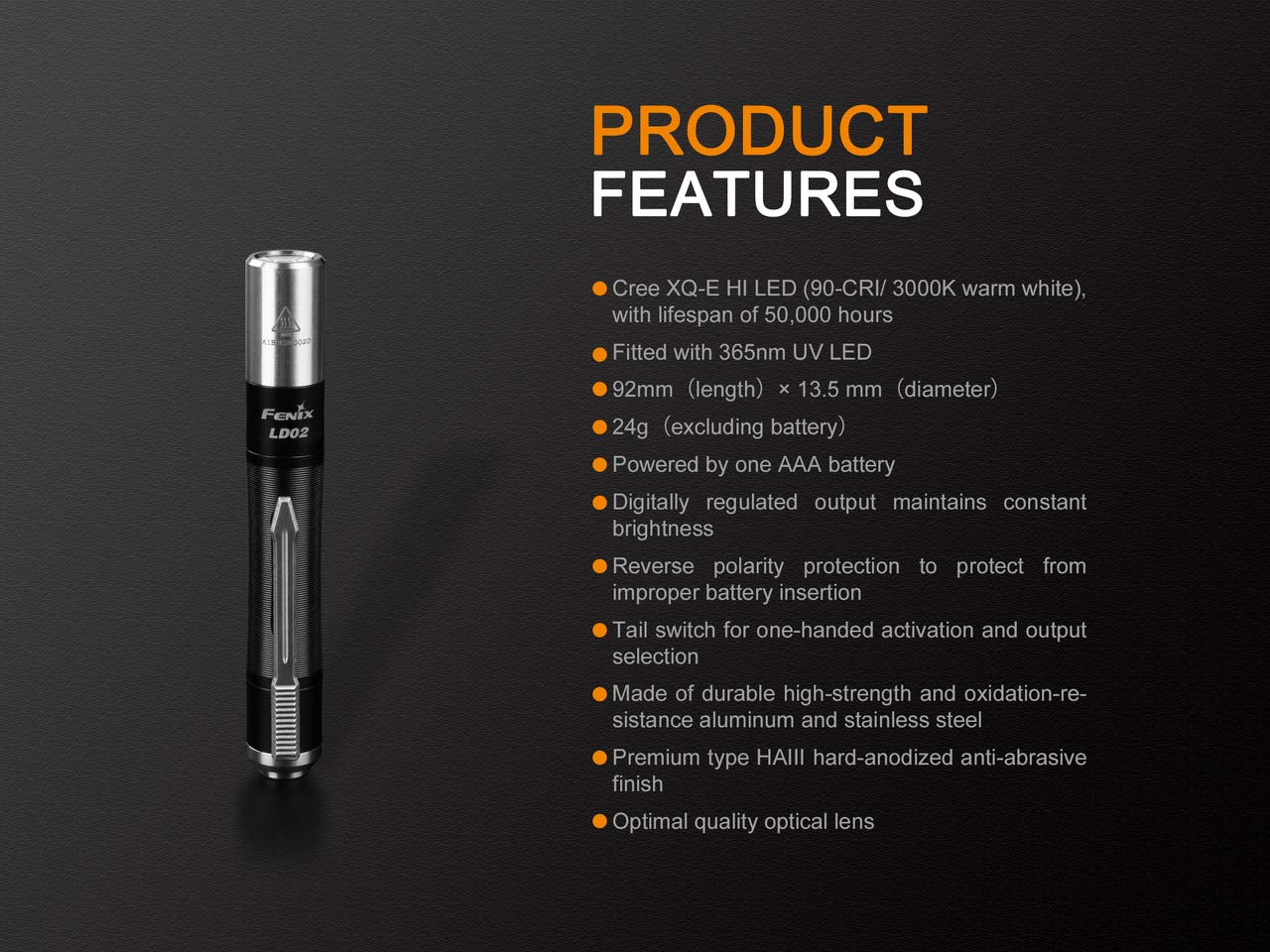 EdisonBright Fenix LD02 V2.0 LED Flashlight Bundle - 70 Lumen, Neutral White/UV, Aluminum, AAA Battery, Compact, White