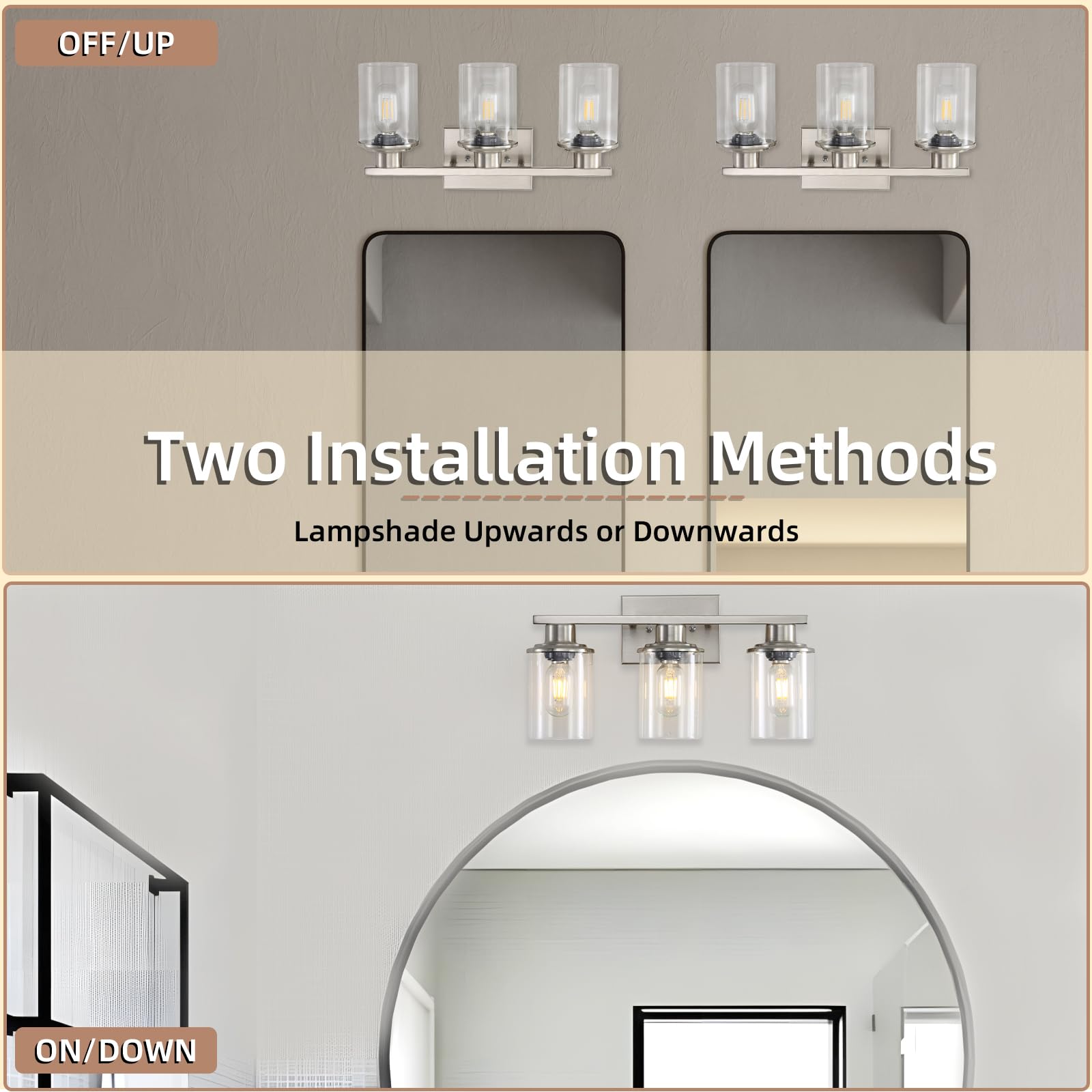 Lousace 3 Light Bathroom Vanity Light, Brushed Nickel Bathroom Light Fixtures, Modern Bathroom Lights Over Mirror With Clear Glass Shade, Wall Vanity Lighting Fixtures For Bathroom Bedroom Living Room