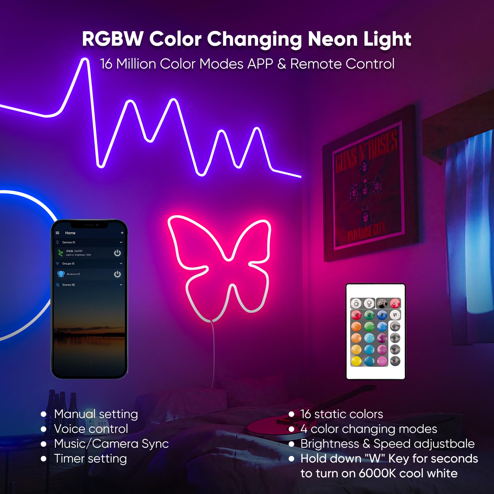 Shine Decor 24V Smart Neon Rope Lights, RGB+Cool White, 5m/16.4ft, Flexible Waterproof, Remote APP WiFi Control, Music Sync