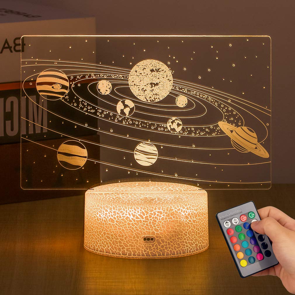 SEVEN LADY Solar System 3D Optical Illusion Lamp Universe Space Galaxy LED Night Light with Remote for Space Lover Boys and Girl