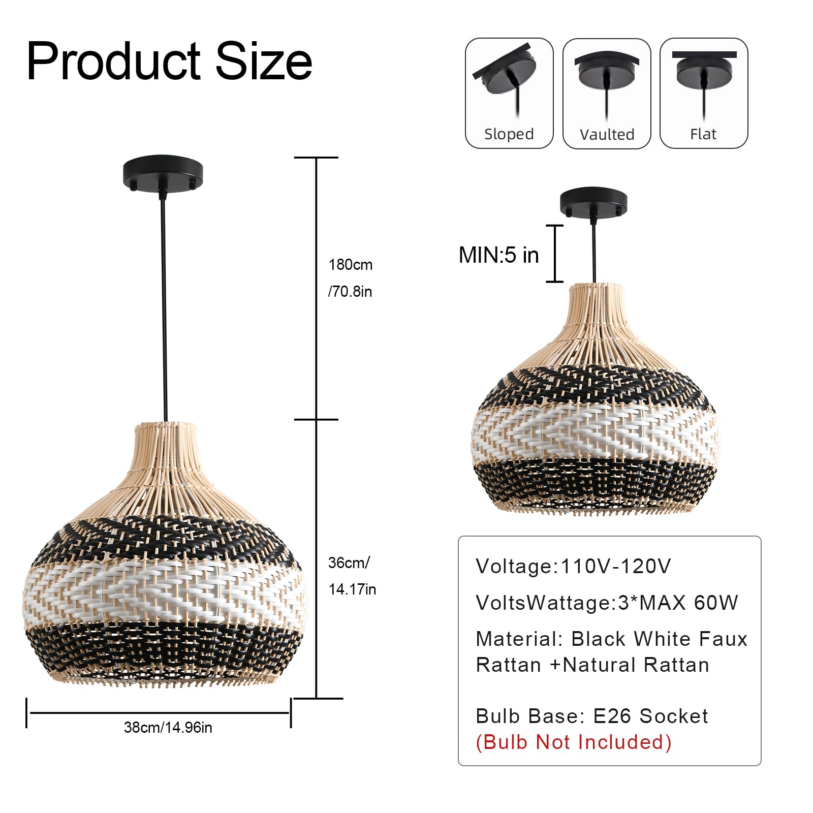 Teru Ji Kaikang 3-Lightrattan Pendant Light,15" Hand-Woven Black White Faux Rattan Hanging Light Boho Basket Wicker Chandelier,For Living Room Bedroom Kitchen Dining Hallway
