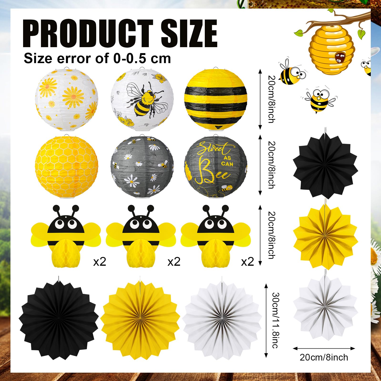 Retisee 18 Pcs Bee Party Decorations Kit Yellow Paper Lanterns Bee Honeycomb Ball Yellow White Paper Fans Decoration Bee Hanging
