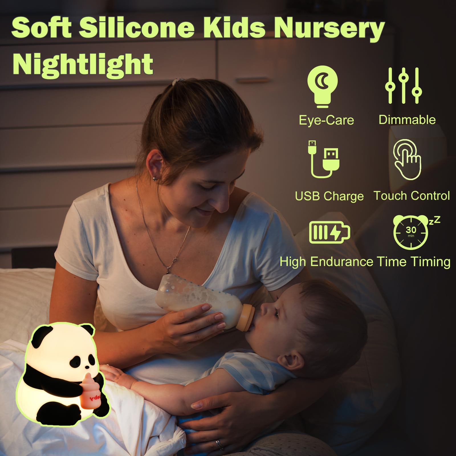 iLAFFUS Night Light for Kids Lamp,10 Colors Cute Panda Lamp,Dimmable Baby Night Lights for Nursery,Silicone Rechargeable Nightli