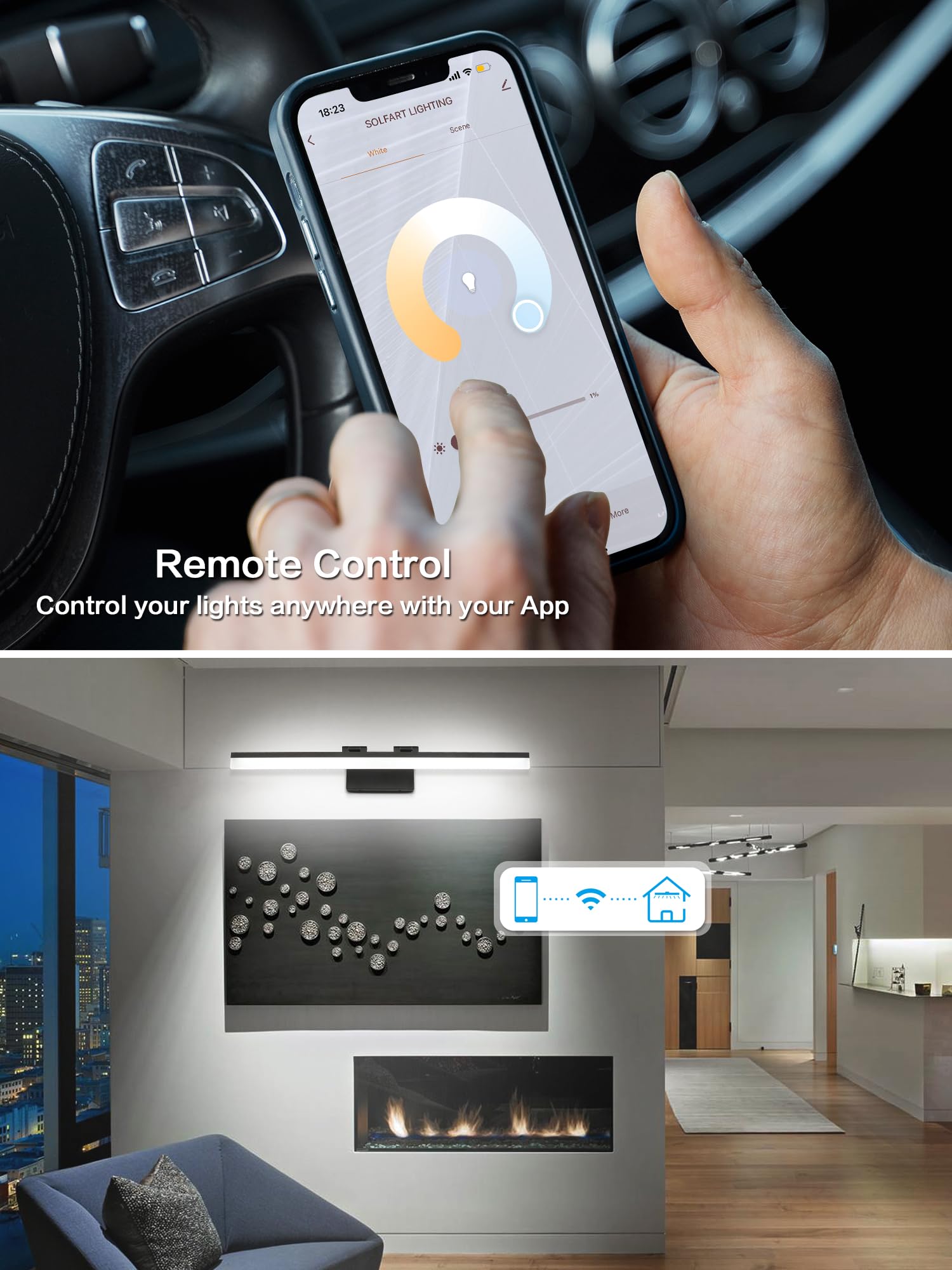 Solfart Adjustable Led Bathroom Vanity Light 31.5 Black Aluminum Over Mirror, App Control, Brightness & Color Adjustable