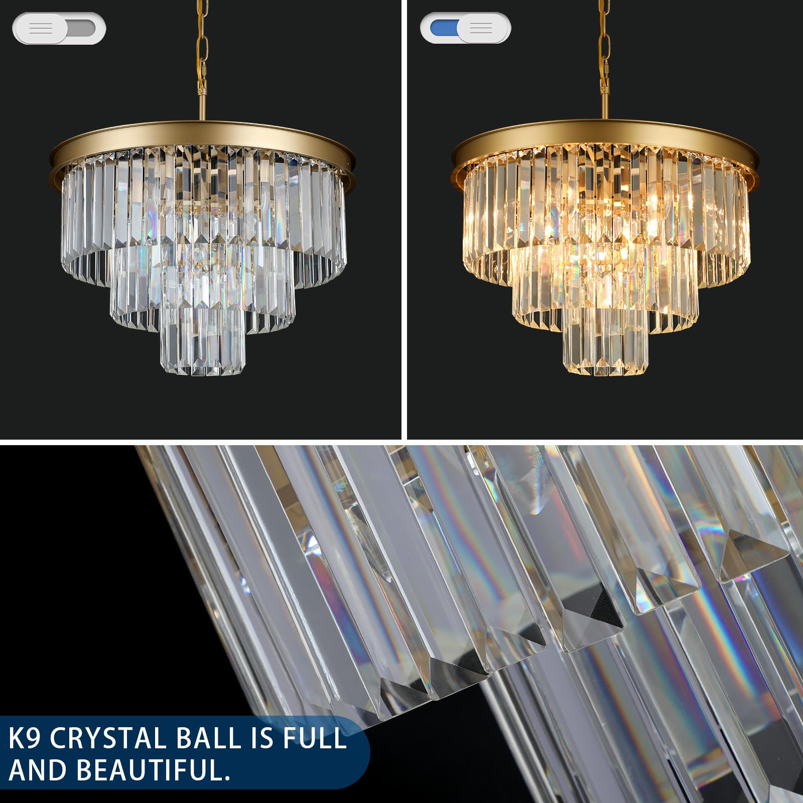 Weesalife Crystal Chandeliers For Dining Room Lights Fixtures  9 Lights Gold Modern Chandeliers For Bedroom  3-Tier Round Crystal Lighting Fixtures For Living Room Entryway Kitchen Island D20 Inch
