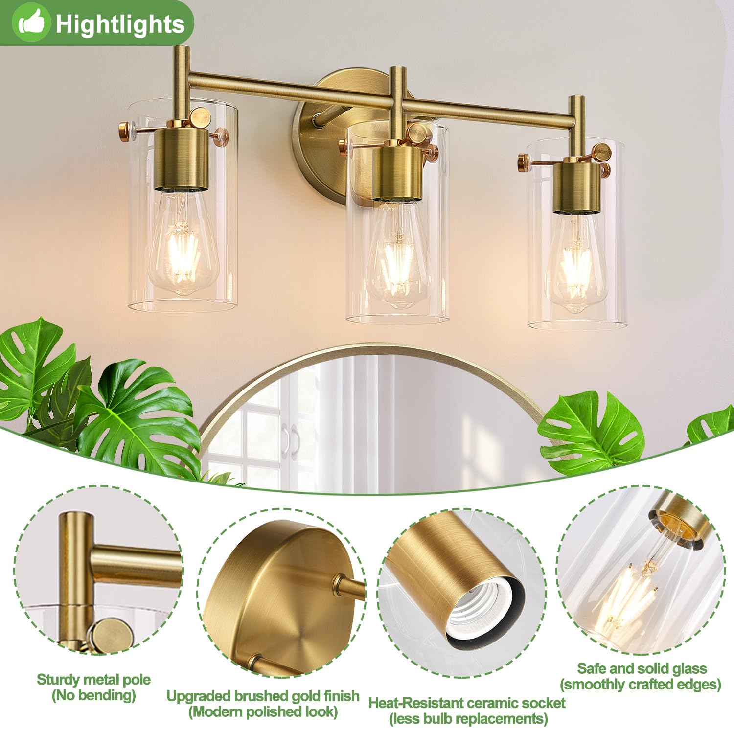 Indoi Bathroom Light Fixtures 2024 Upgrade, 3-Light Brass Vanity Light, Black Bathroom Lights Over Mirror With Clear Glass Shade