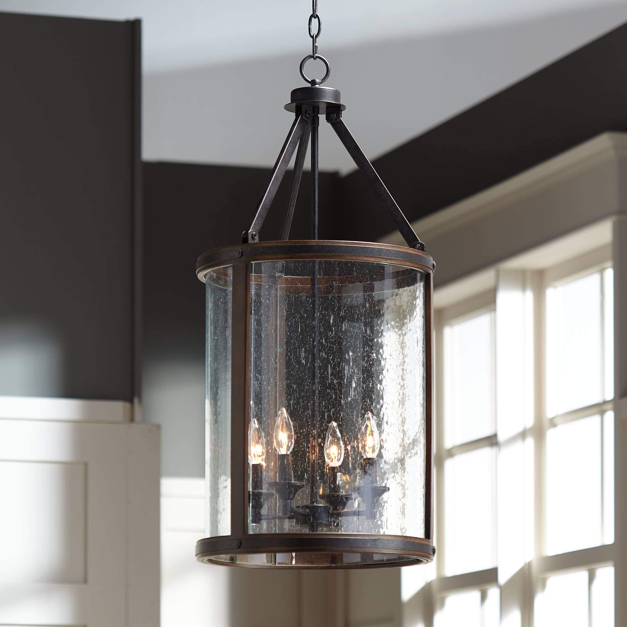 Franklin Iron Works 4-Light Pendant Chandelier, 16in Wide, Iron Gray, Metal & Glass, Model 7926-FR-4, Farmhouse Industrial Style