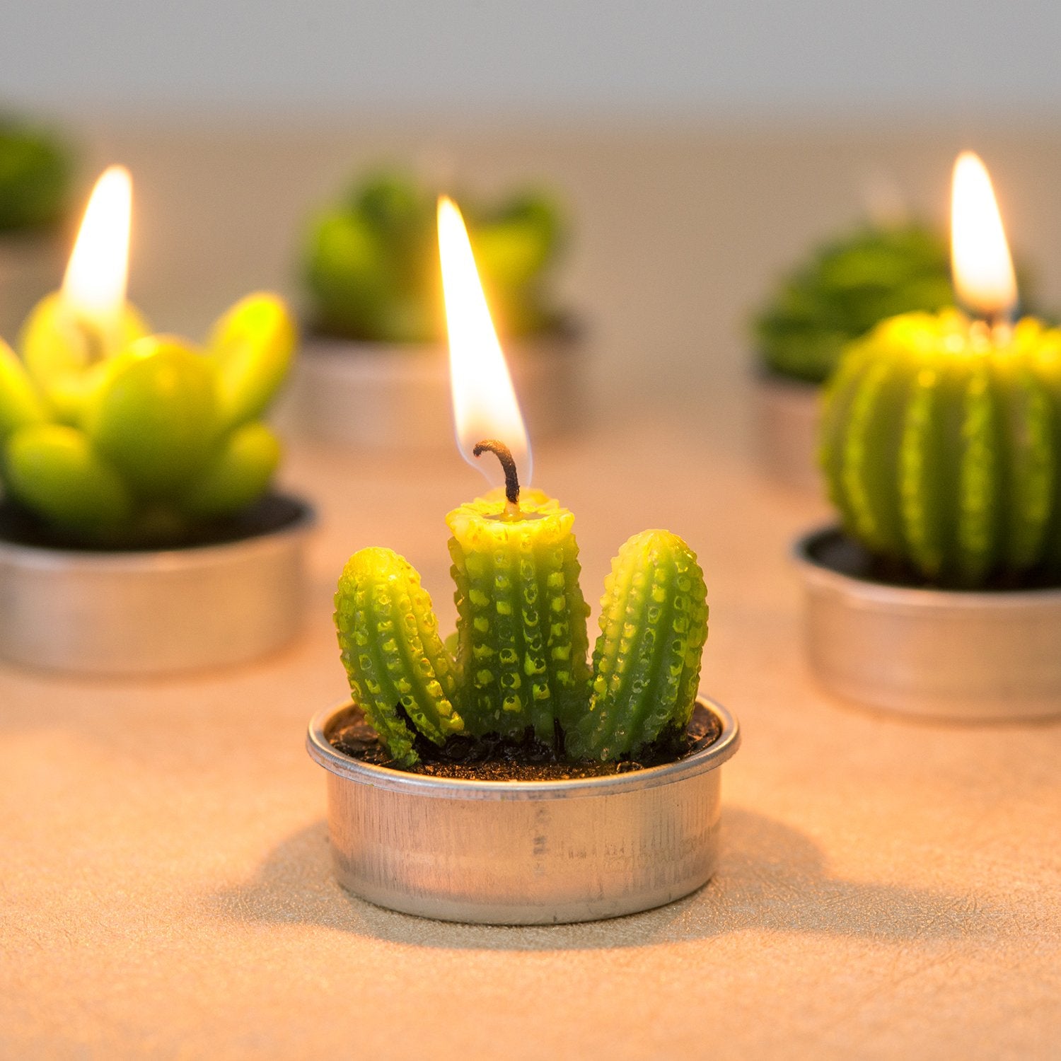 COCOMOON Cactus Tea Light Candles, 6 Pcs Decorative Candles with Artificial Succulents, Unscented, 30 min Burn Time, Modern Desi