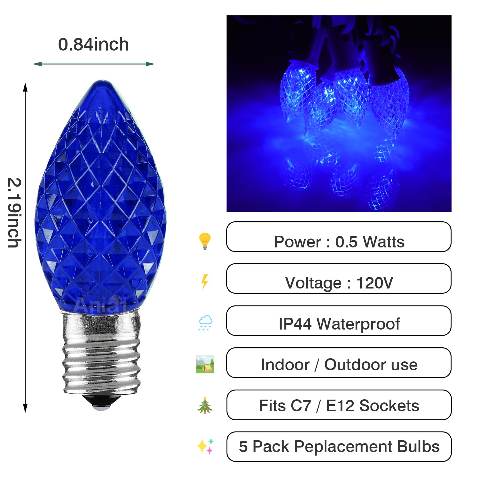 Aniai C7 LED Christmas Light Bulbs - 5 Count E12 Base Replacement - Commercial Grade - Blue