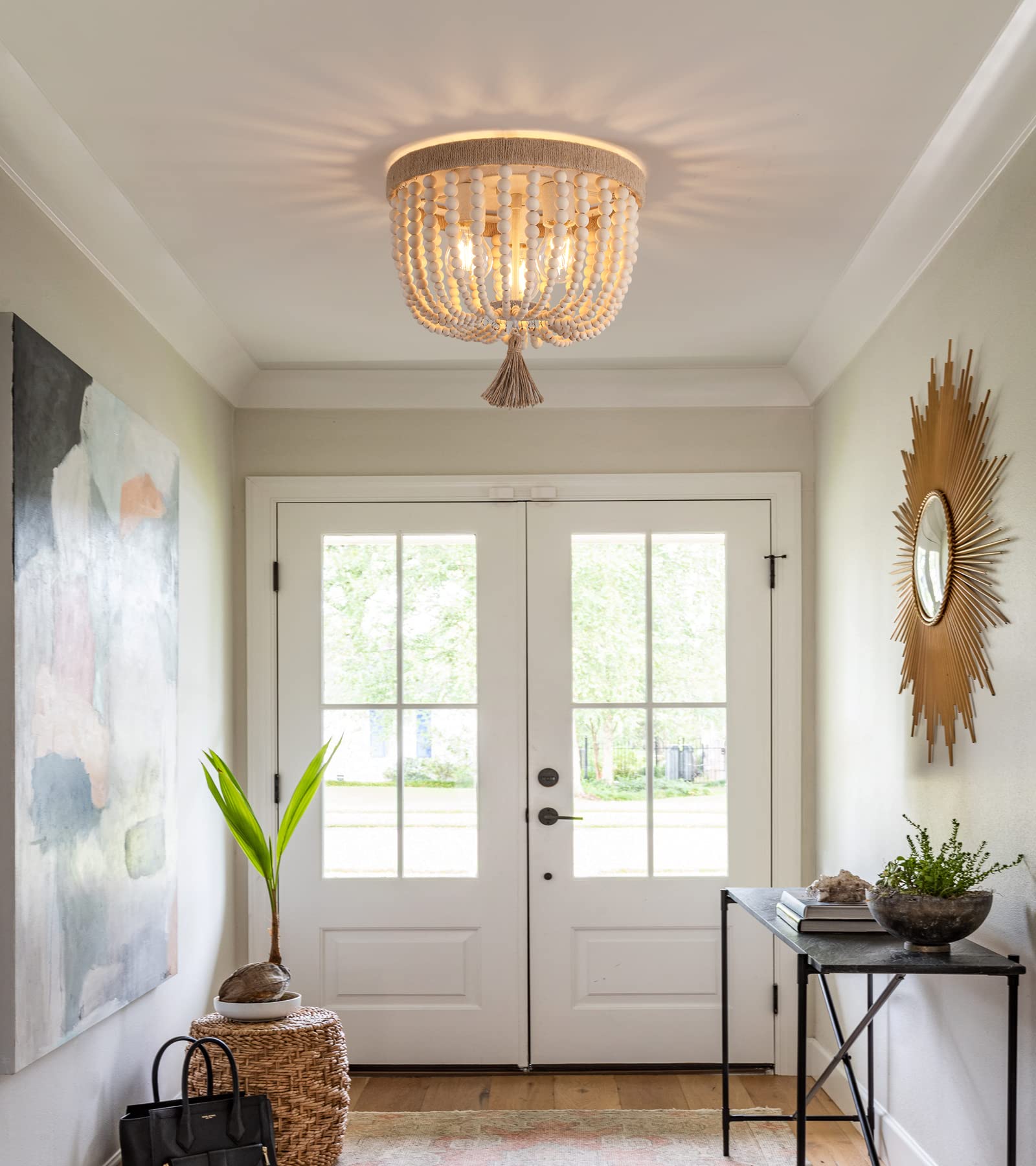 AMZASA Boho Flush Mount Ceiling Light - 3 Lights Hemp Rope Chandelier Fixture for Nursery, Bedroom, Hallway, Entryway - Model AS9017-3B