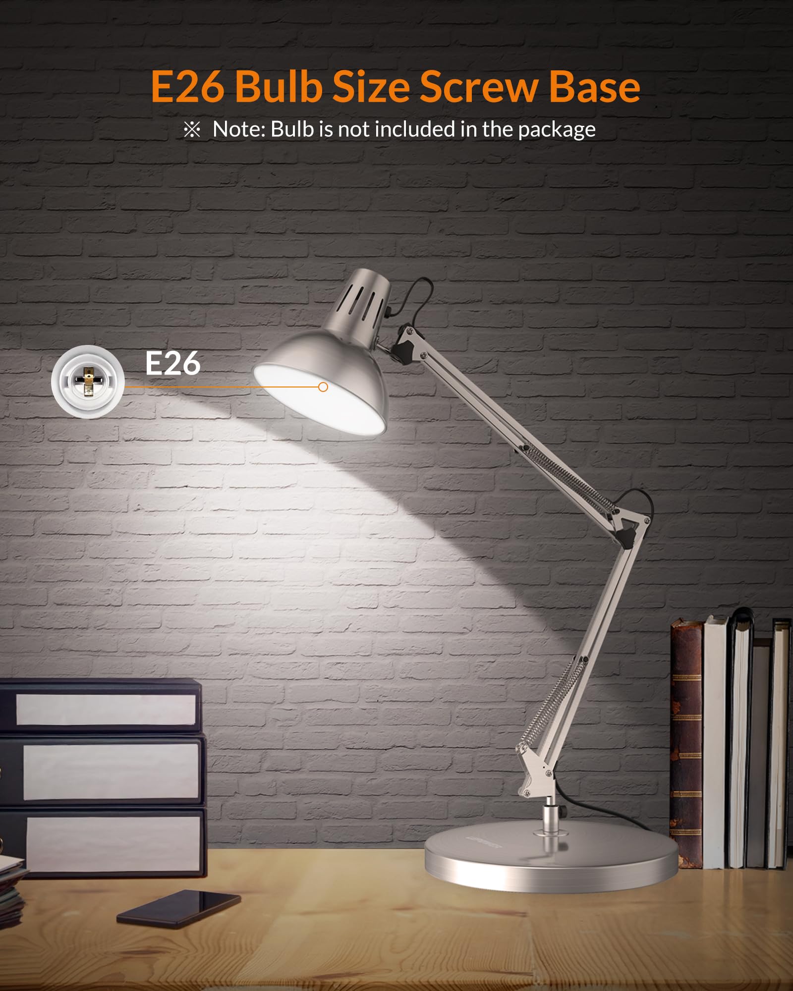 Lepower Metal Desk Lamp, Adjustable Goose Neck, Swing Arm, Silver, Model Ut2020, Eye-Caring Reading Lamp For Bedroom & Office
