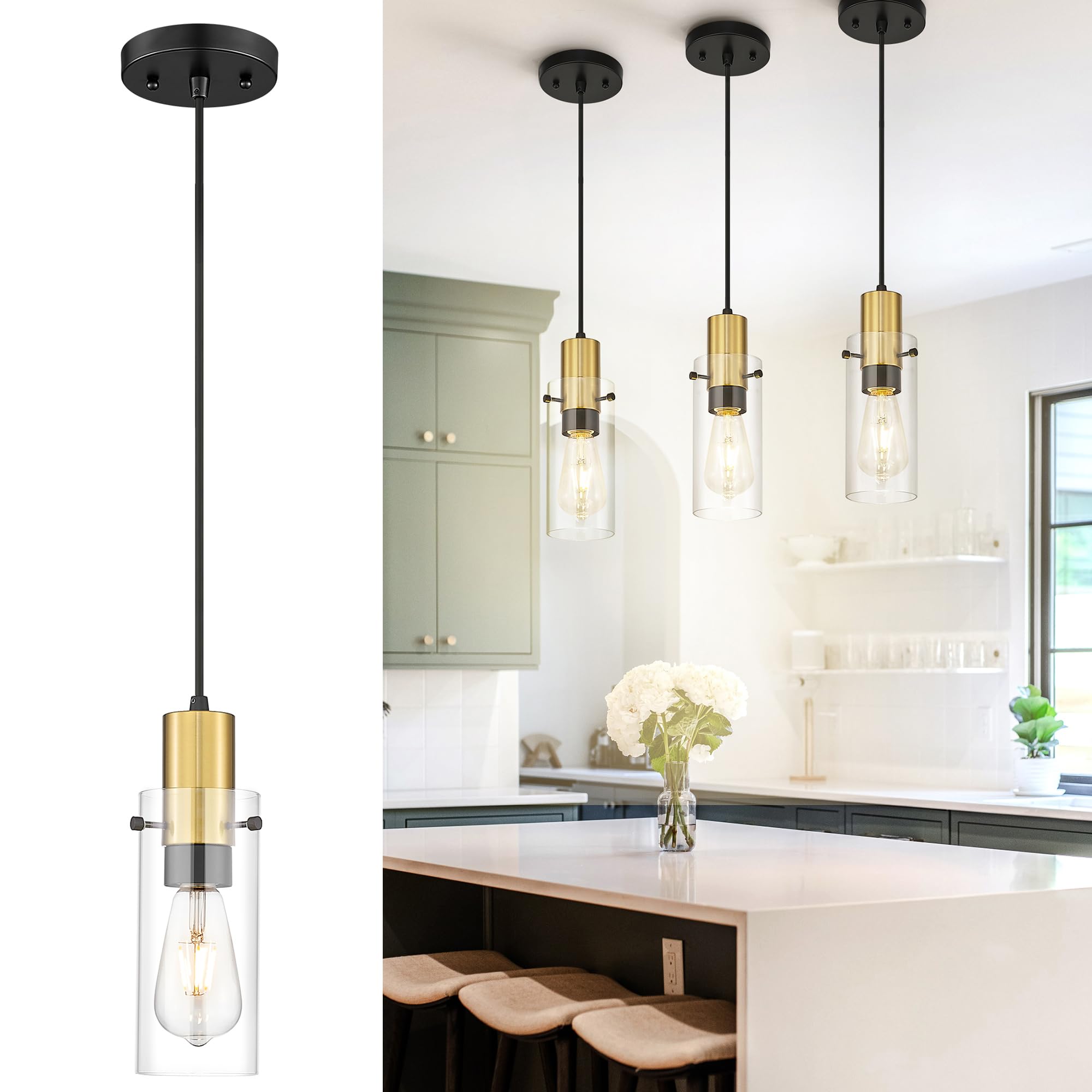 Emak Modern Black and Gold Pendant Lights Kitchen Island, Mini Farmhouse Pendant Light with Clear Glass Shade for Bedroom, Kitch