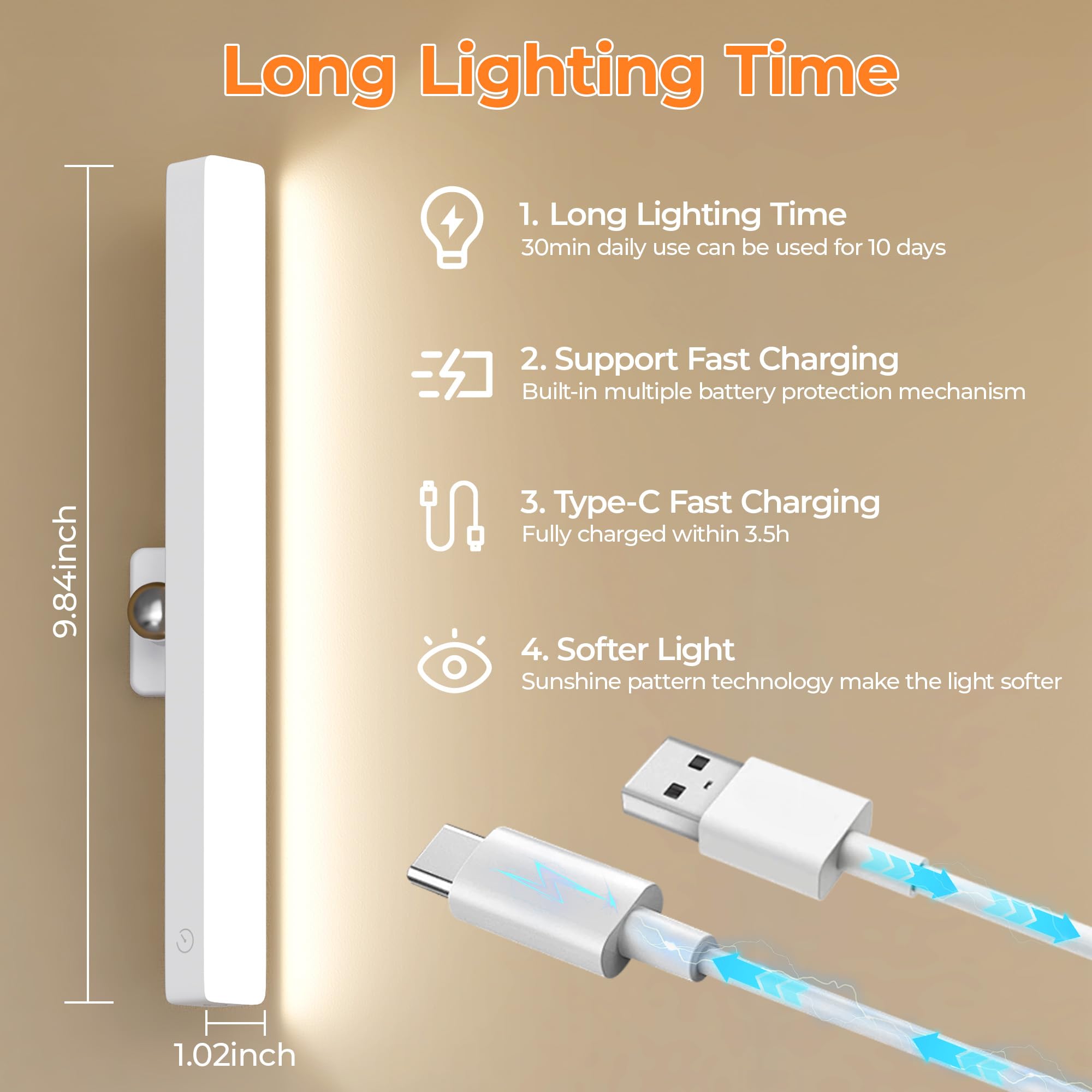 Benature LED Vanity Mirror Light, Rechargeable, Adjustable Brightness, 6500K, White, Model LCL025, Portable, Battery Operated