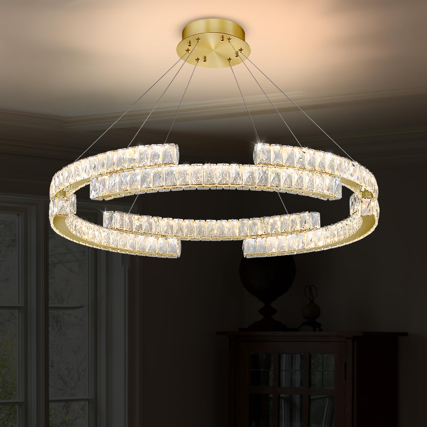 IDEQUY Modern Gold Crystal Ring Chandelier Pendant Light D24in Dimmable 3000k-6000k Stainless Steel & Crystal