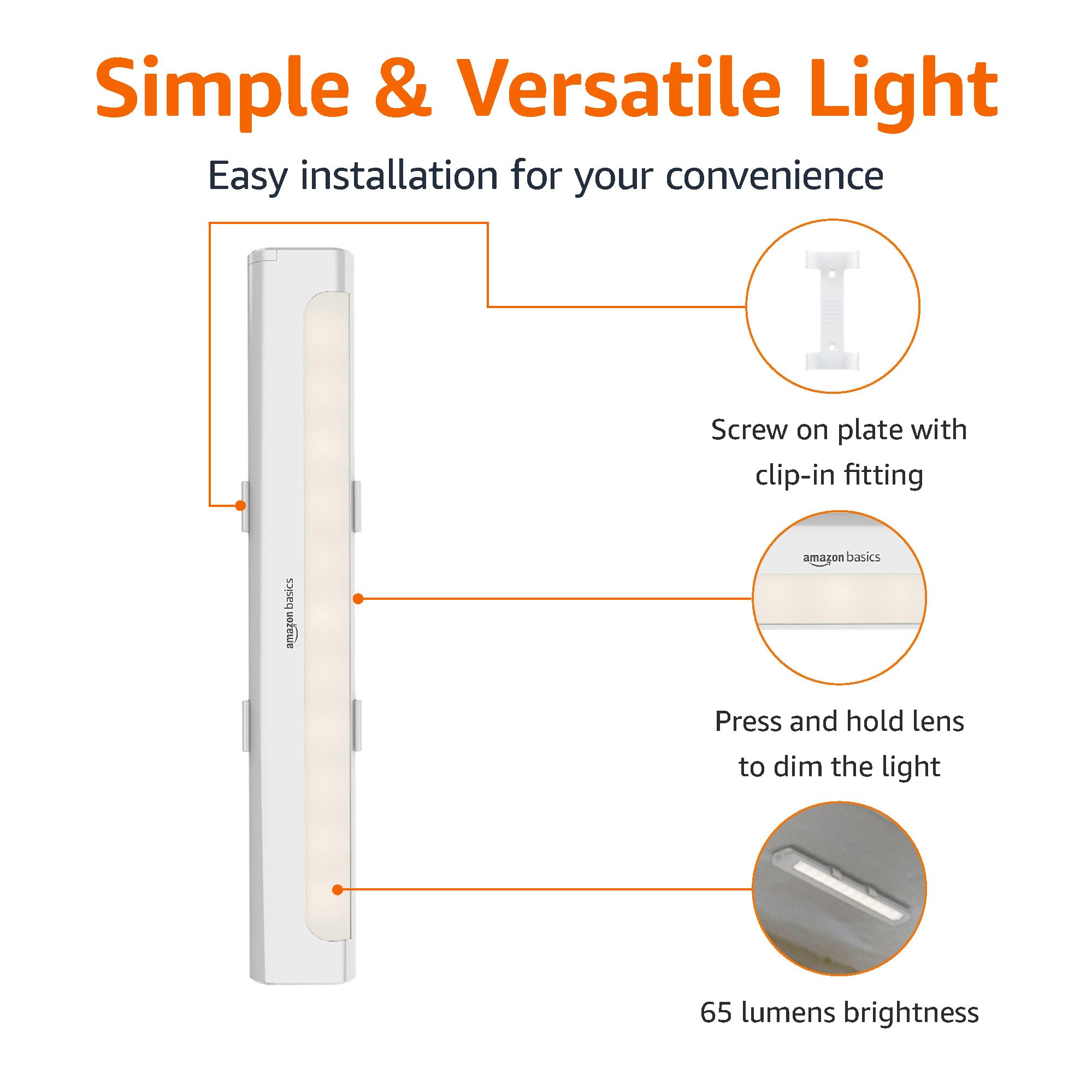 Amazon Basics LED Stick On Lights, Battery Operated, 65 Lumens, 2 Pack, White, Model 59462, Wireless Under Cabinet Lighting