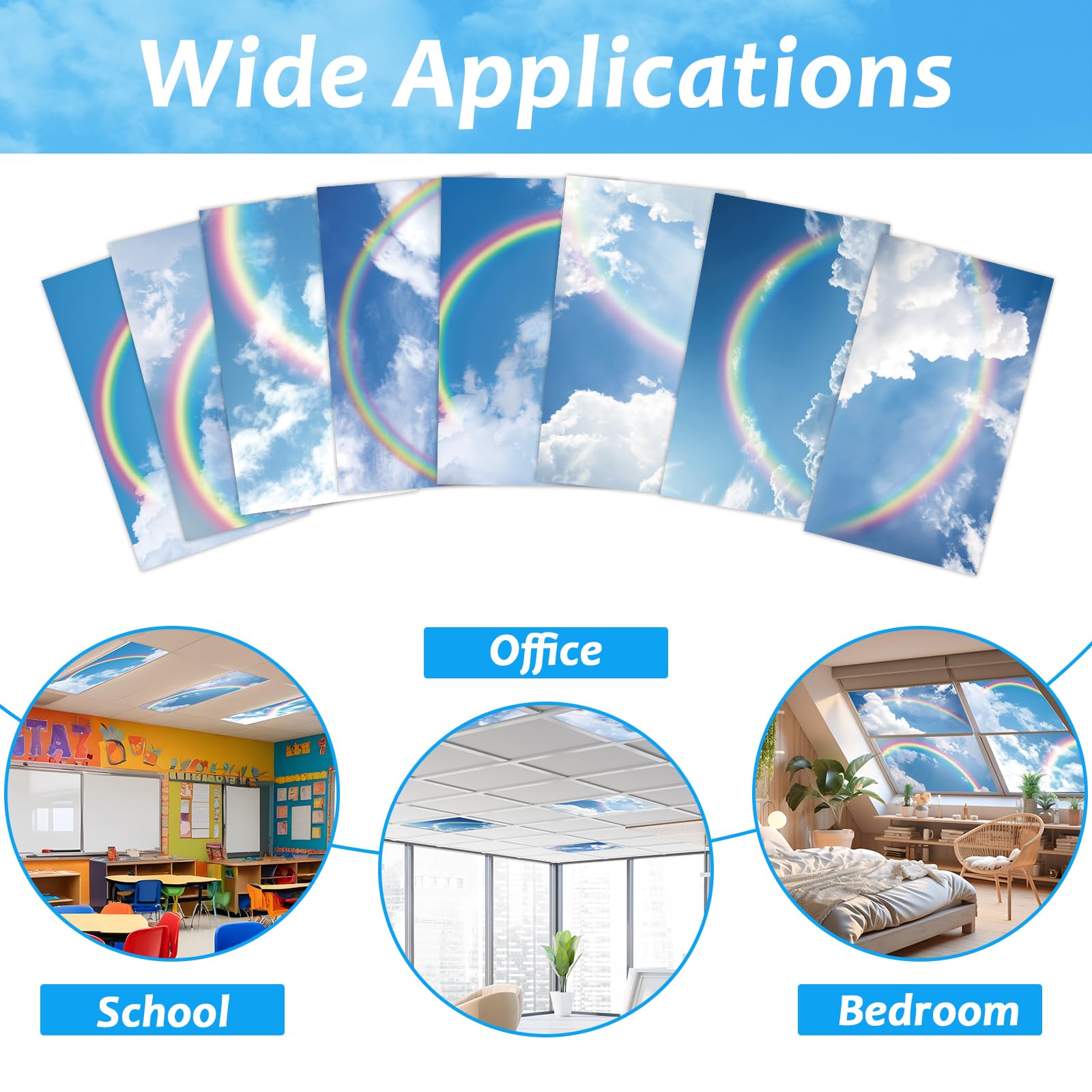 Wiooffen 8 Pcs Fluorescent Light Covers, Rainbow Sky Blue, 4x2 Feet, Polyester, Magnetic Installation for Classroom and Office