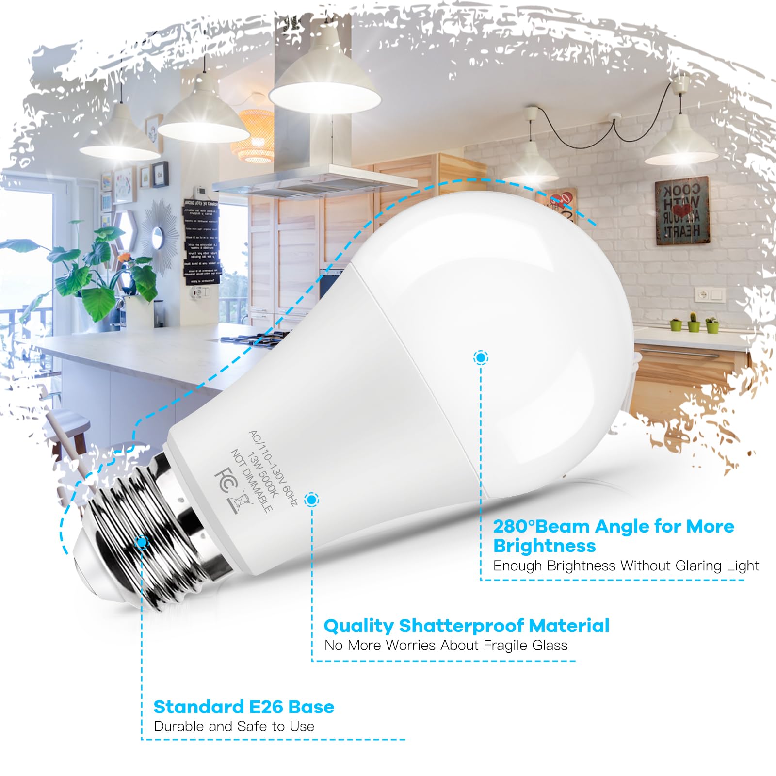 Led Light Bulbs 100 Watt Equivalent 1500 Lumens, A19 5000K Daylight White Non-Dimmable, Super Bright No Flicker E26 Standard Base, 13W Lightbulb For Bedroom, Living Room, Office Lighting, 24 Packs