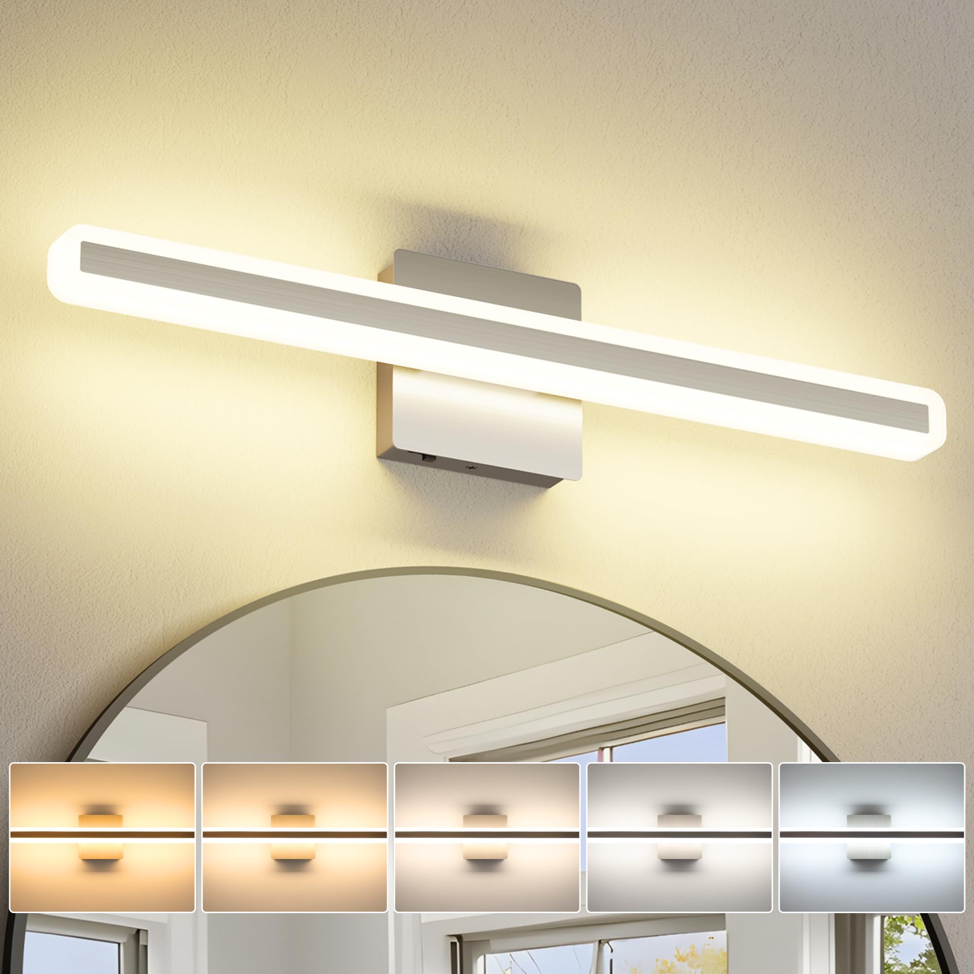 Jusheng Brushed Nickel Vanity Lights For Bathroom  5Cct Dimmable Vanity Light Bar  Modern Led Bathroom Lighting Fixtures Above Mirror 24 Inch 20W