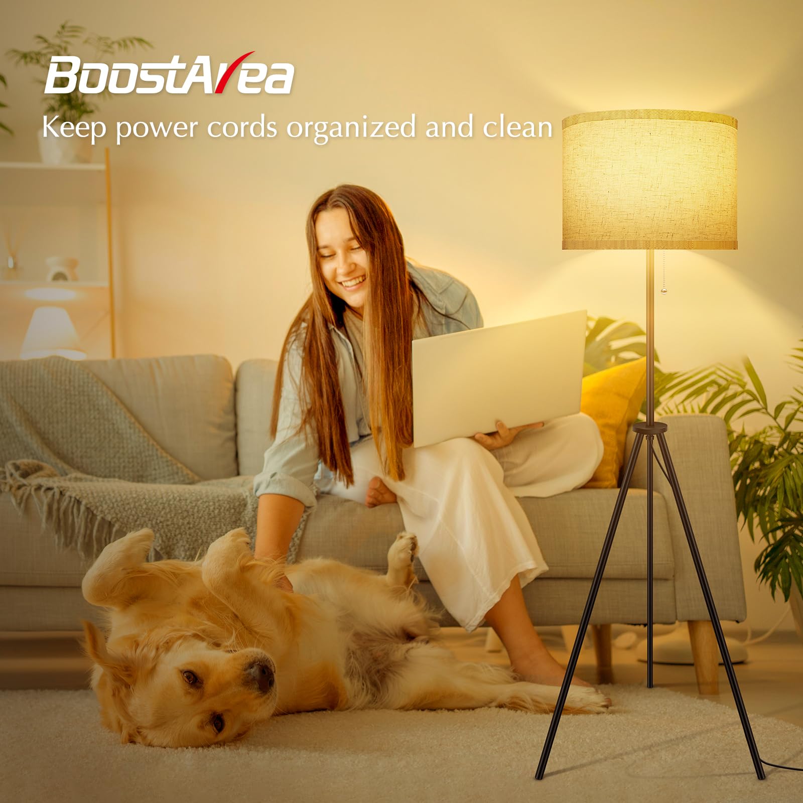 Boostarea Floor Lamp For Living Room, Tripod Floor Lamp, Linen Lamp Shade, Mid Century Standing Lamp For Living Room, Bedroom, S